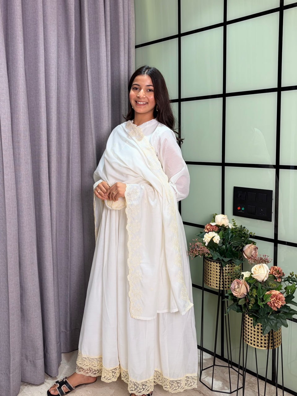 White Roman Silk Anarkali Suit Set with Embroidered Dupatta & Pant