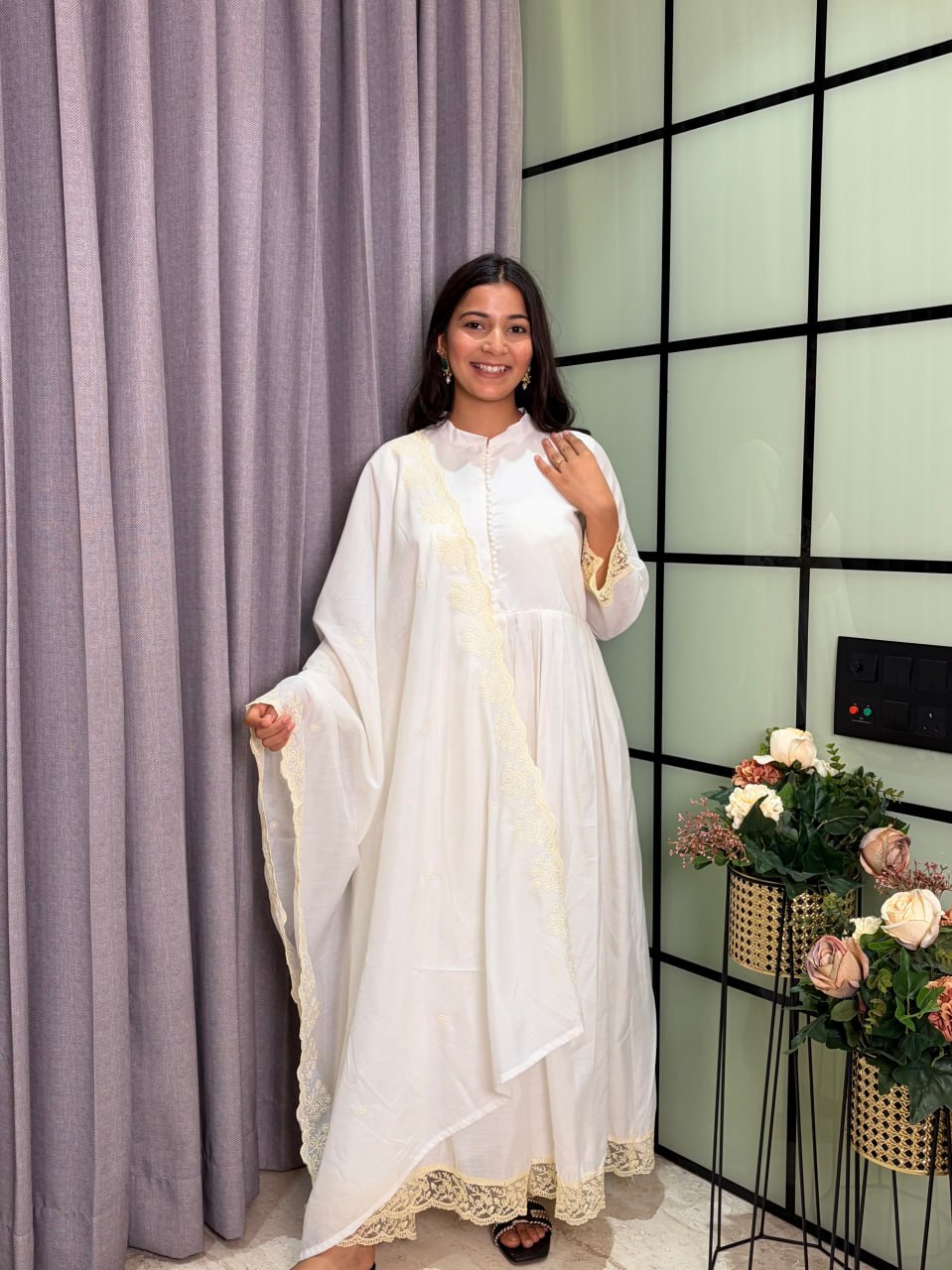 White Roman Silk Anarkali Suit Set with Embroidered Dupatta & Pant