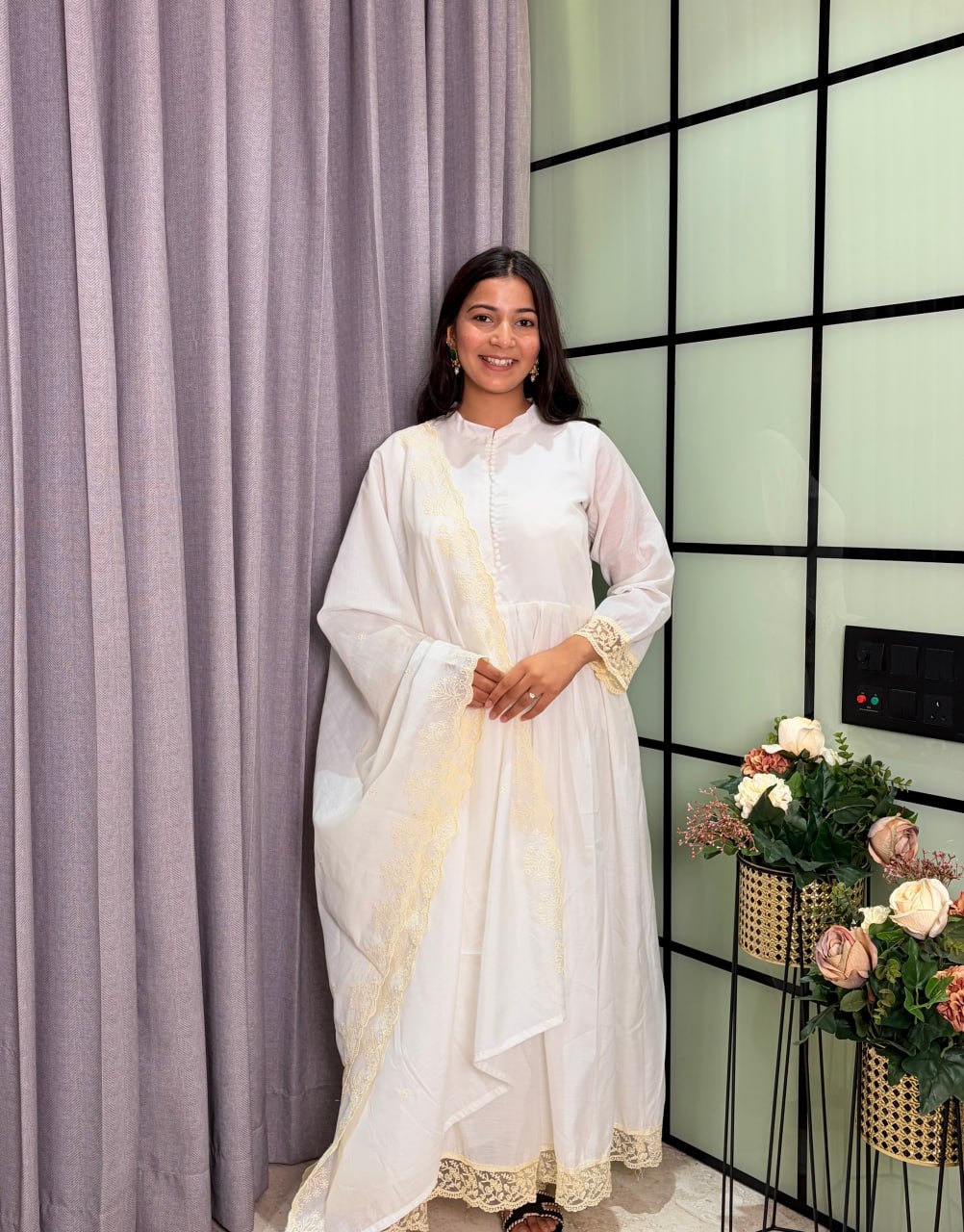 White Roman Silk Anarkali Suit Set with Embroidered Dupatta & Pant