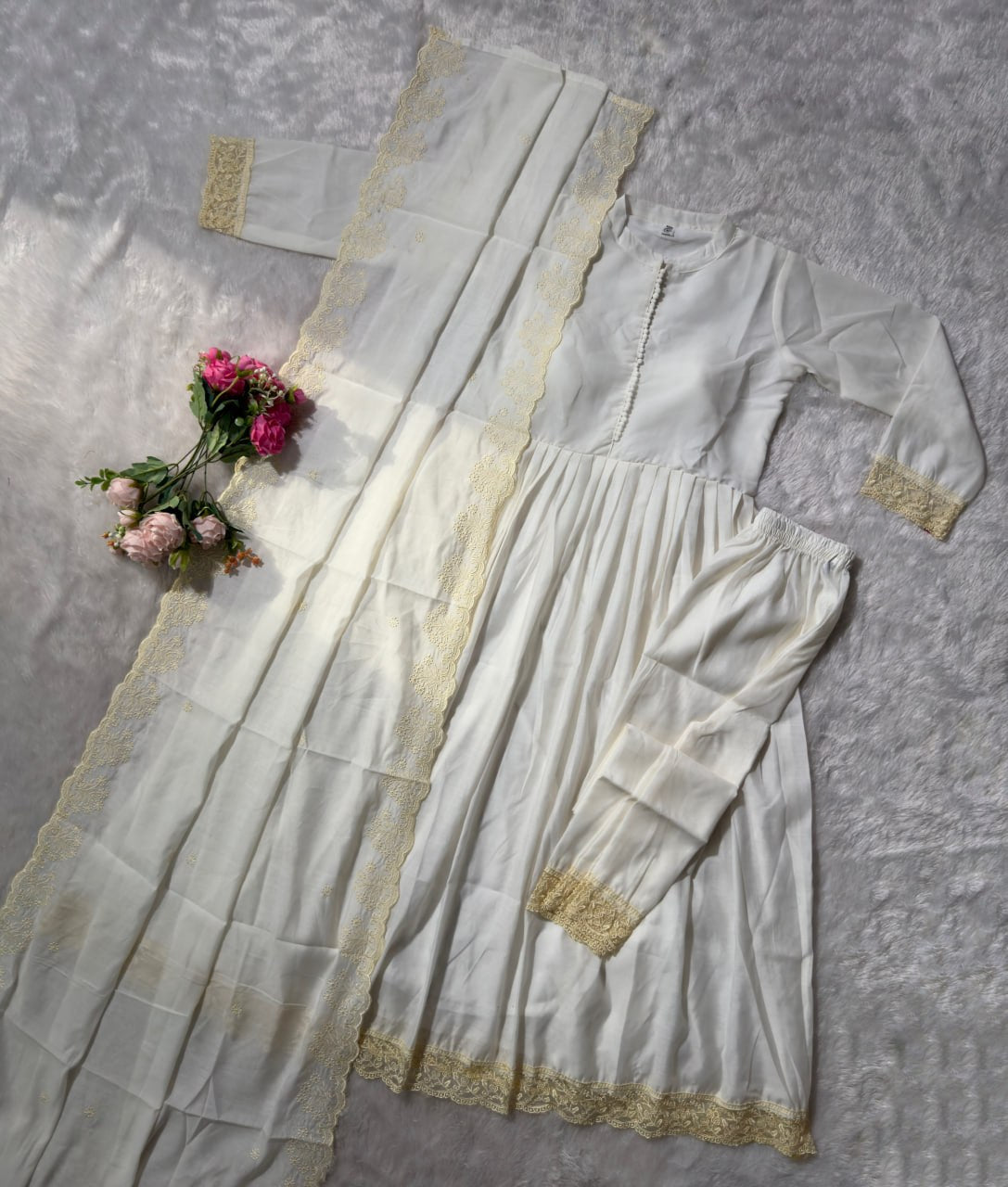 White Roman Silk Anarkali Suit Set with Embroidered Dupatta & Pant