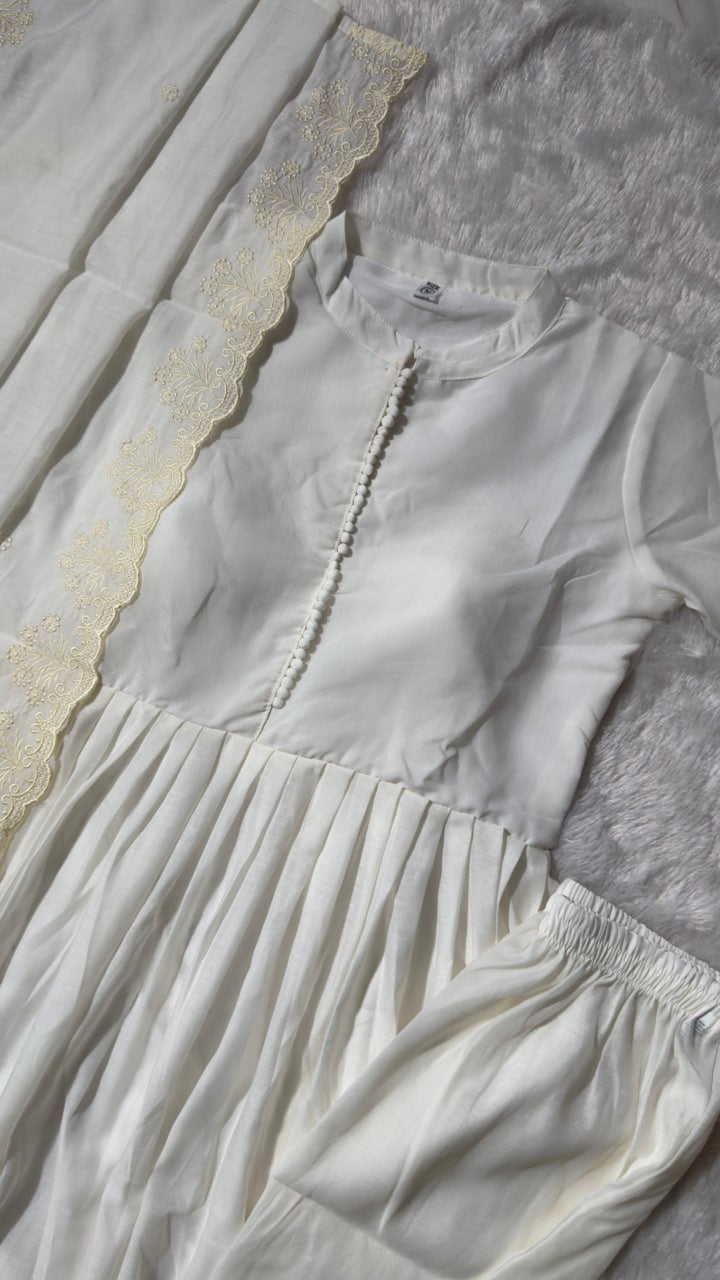 White Roman Silk Anarkali Suit Set with Embroidered Dupatta & Pant