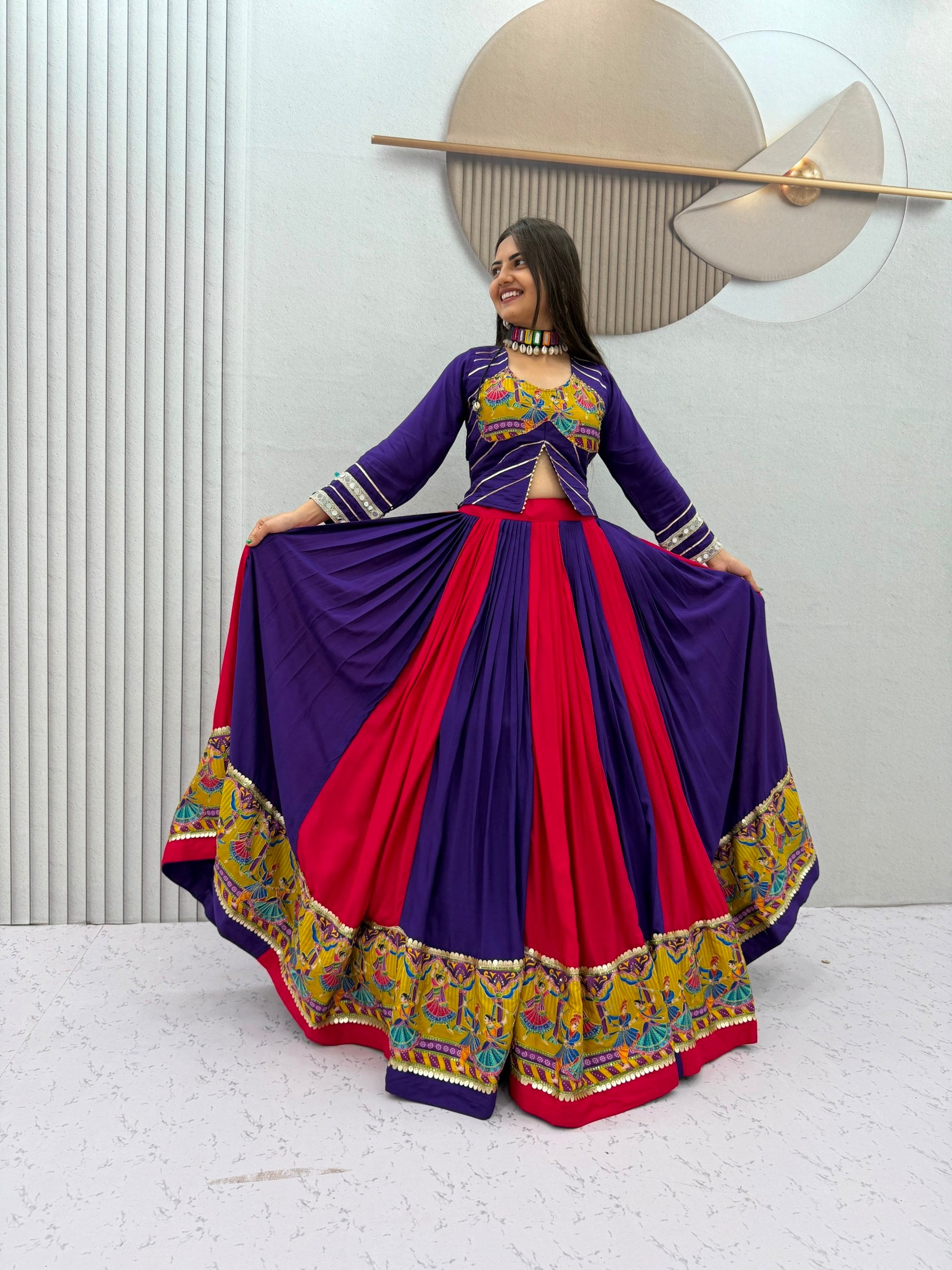 Royal Purple & Rani Pink Navratri Real Mirror Work Rayon Cotton Lehenga Choli
