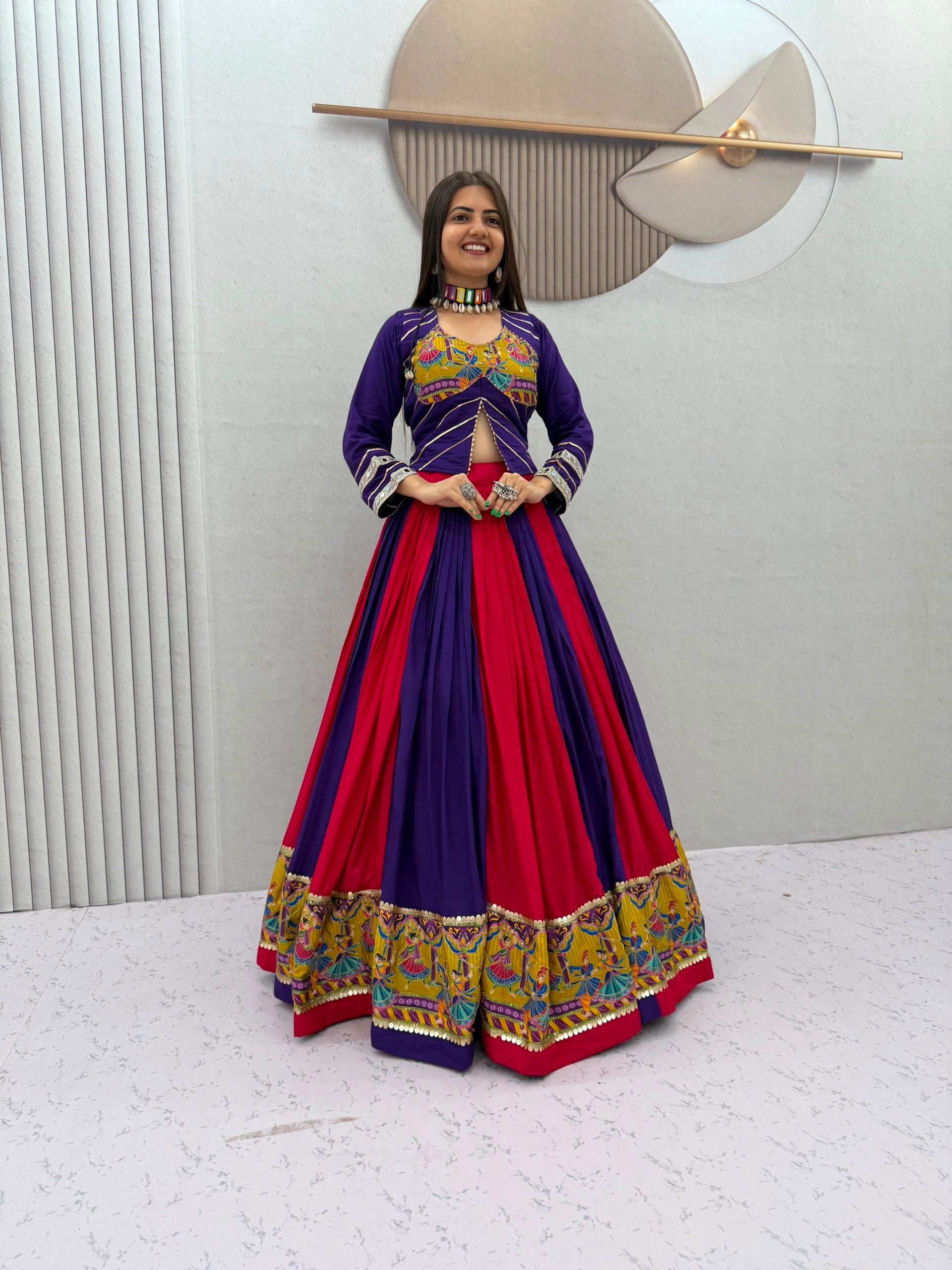 Royal Purple & Rani Pink Navratri Real Mirror Work Rayon Cotton Lehenga Choli