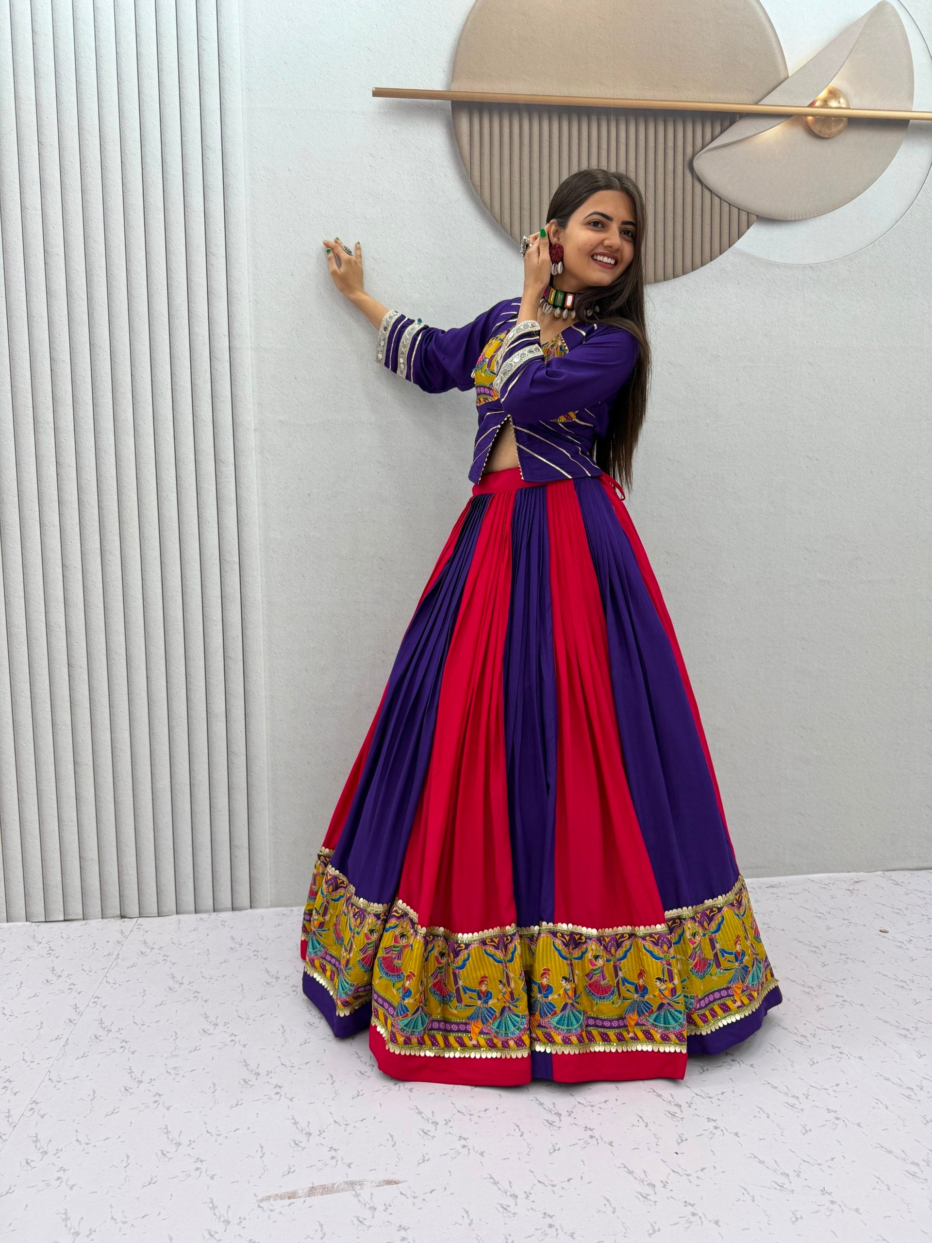 Royal Purple & Rani Pink Navratri Real Mirror Work Rayon Cotton Lehenga Choli