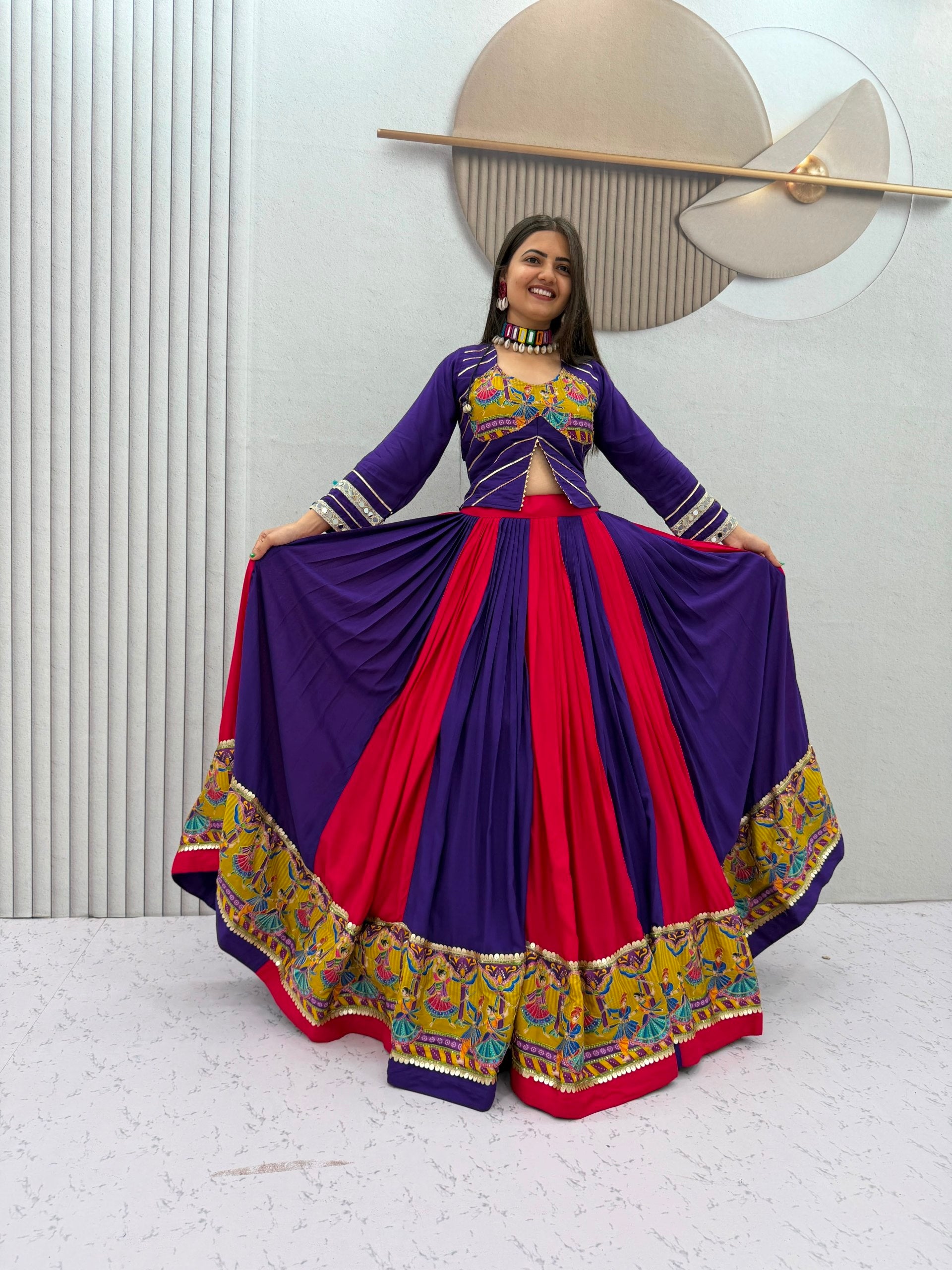 Royal Purple & Rani Pink Navratri Real Mirror Work Rayon Cotton Lehenga Choli