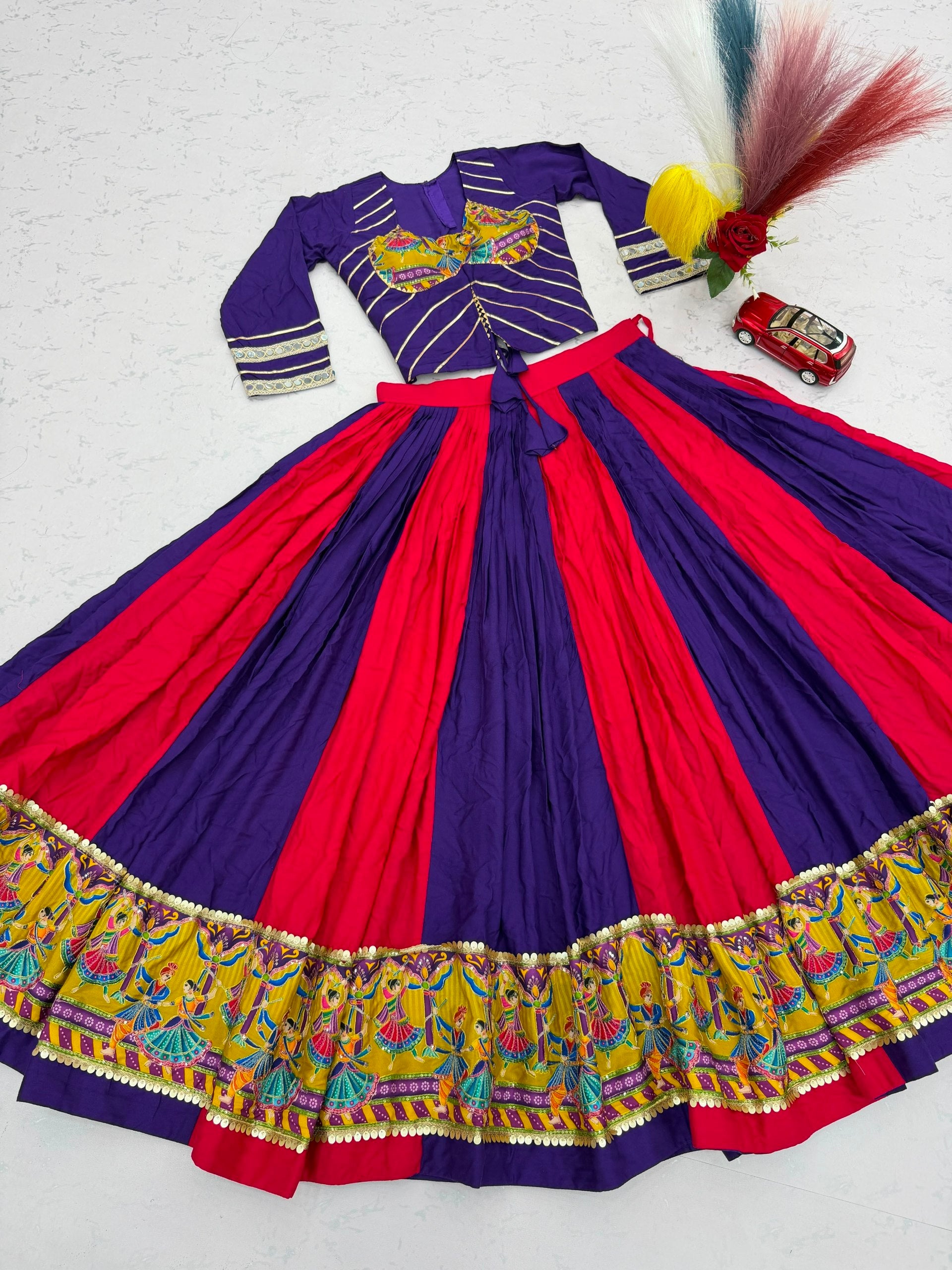 Royal Purple & Rani Pink Navratri Real Mirror Work Rayon Cotton Lehenga Choli
