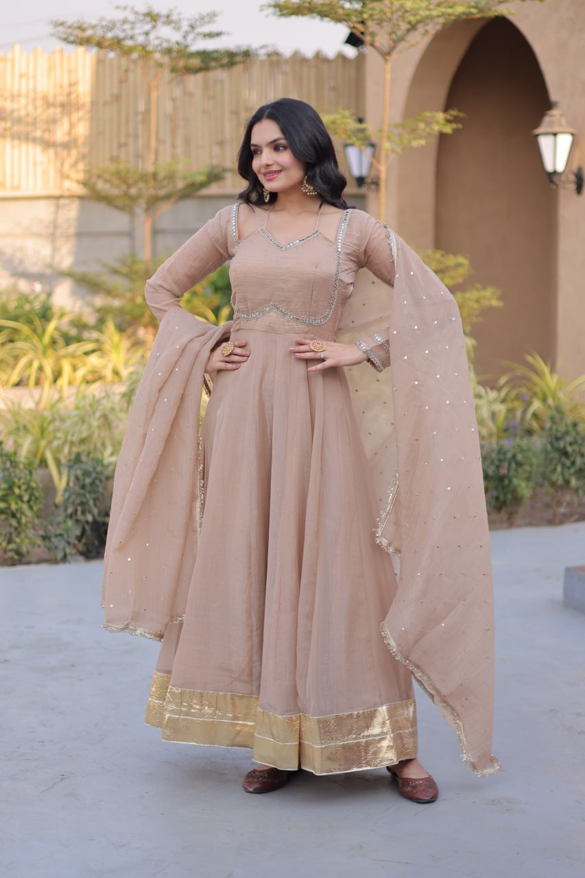 Champagne Beige Silver Crunchy Gown with Designer Dupatta