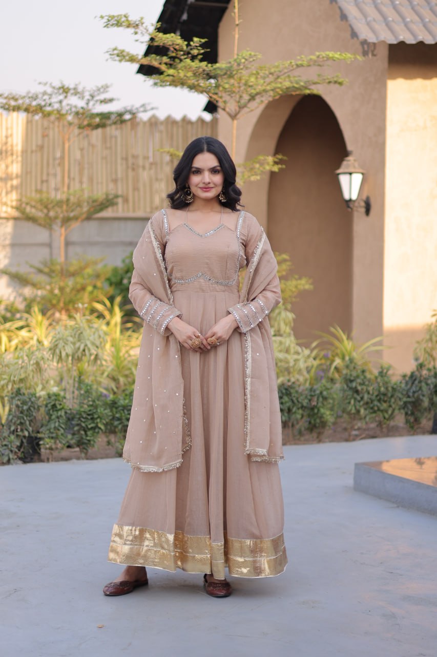 Champagne Beige Silver Crunchy Gown with Designer Dupatta