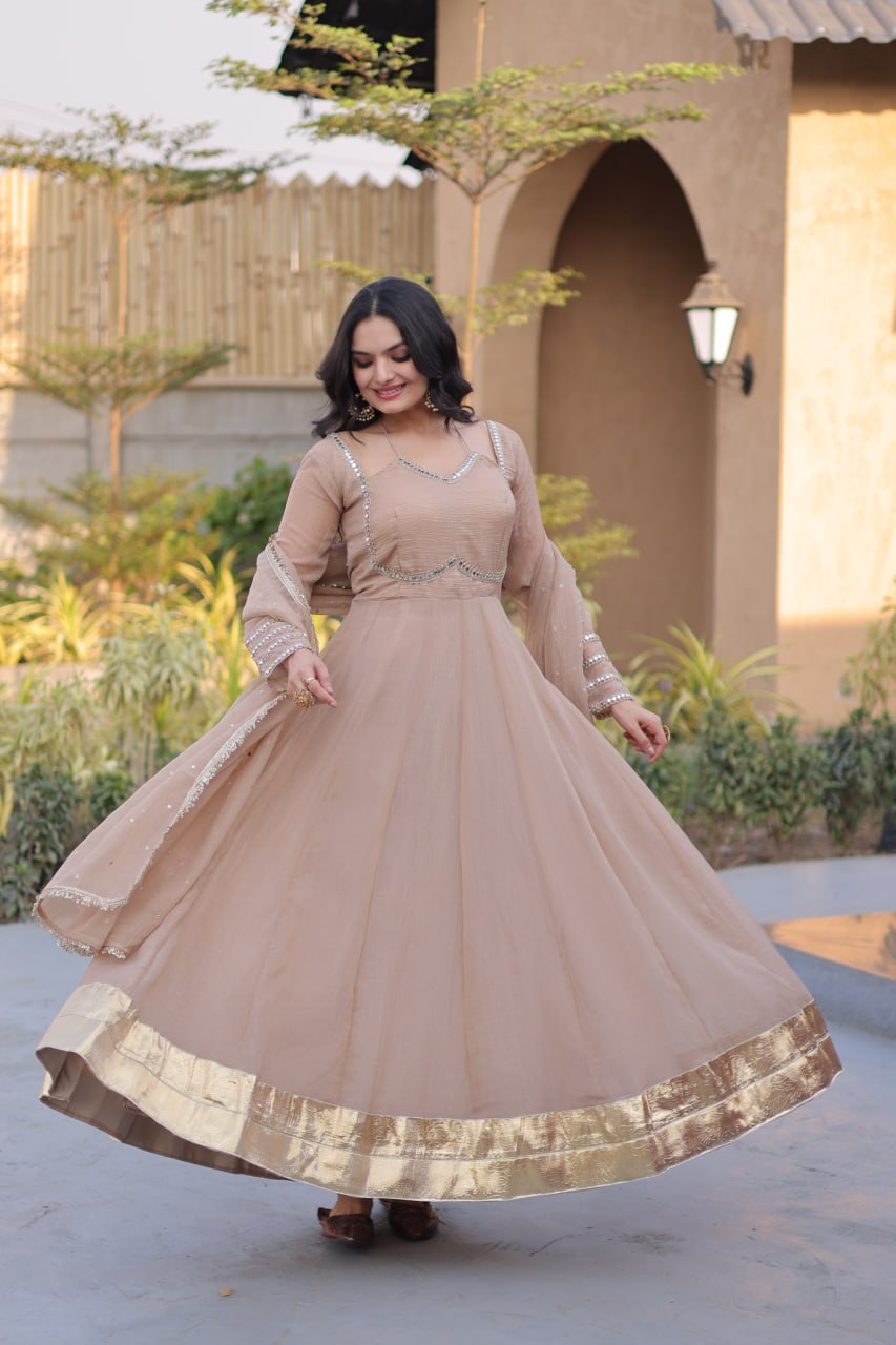 Champagne Beige Silver Crunchy Gown with Designer Dupatta