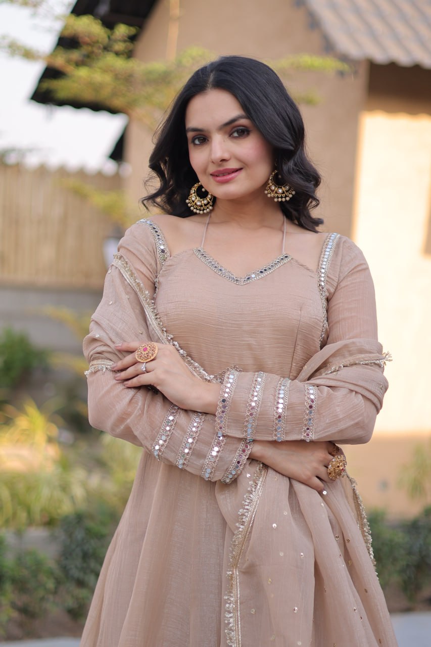 Champagne Beige Silver Crunchy Gown with Designer Dupatta