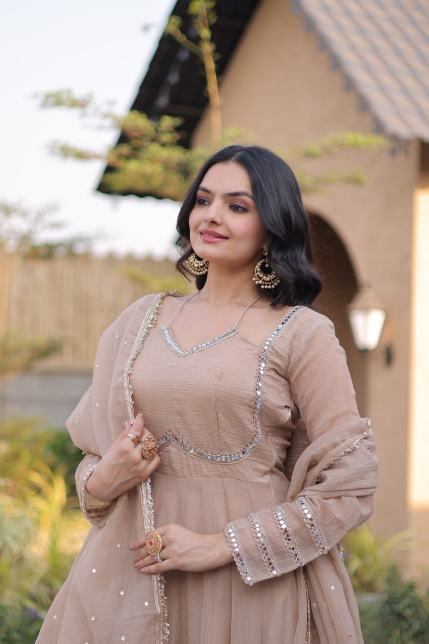 Champagne Beige Silver Crunchy Gown with Designer Dupatta