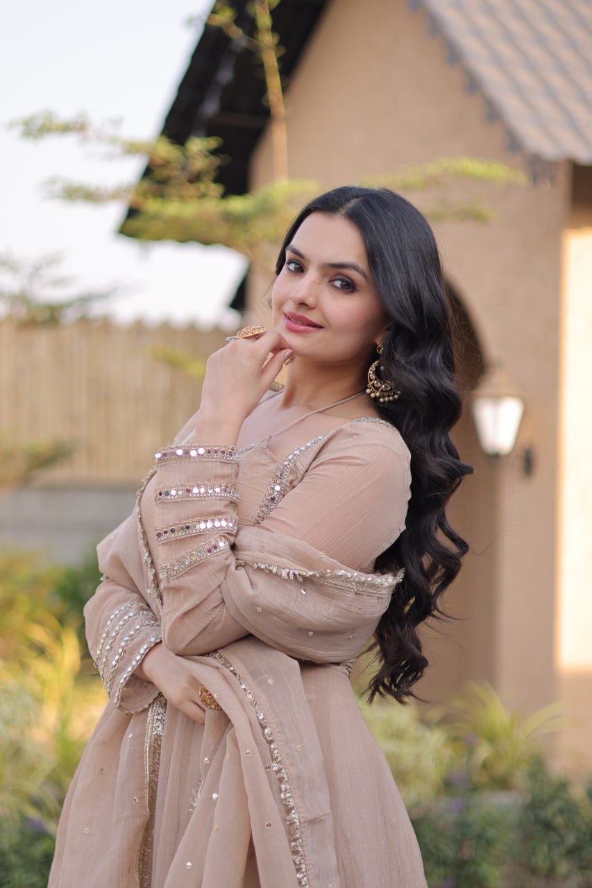 Champagne Beige Silver Crunchy Gown with Designer Dupatta