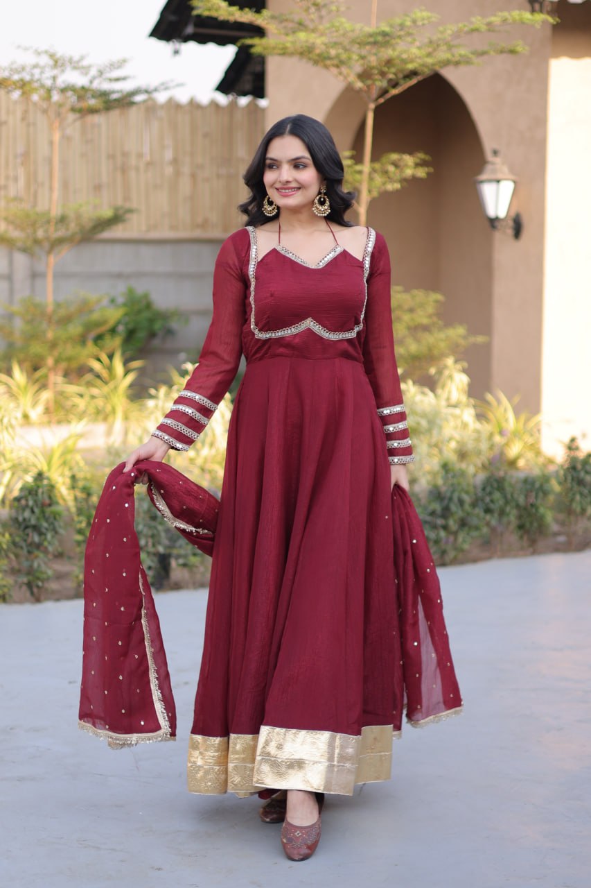 Wine Maroon Silver Crunchy Gown with Designer Dupatta