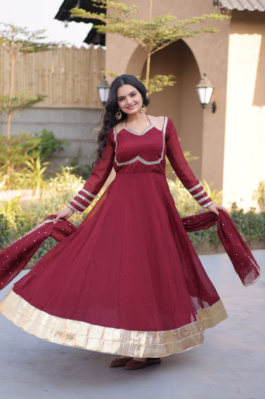 Wine Maroon Silver Crunchy Gown with Designer Dupatta