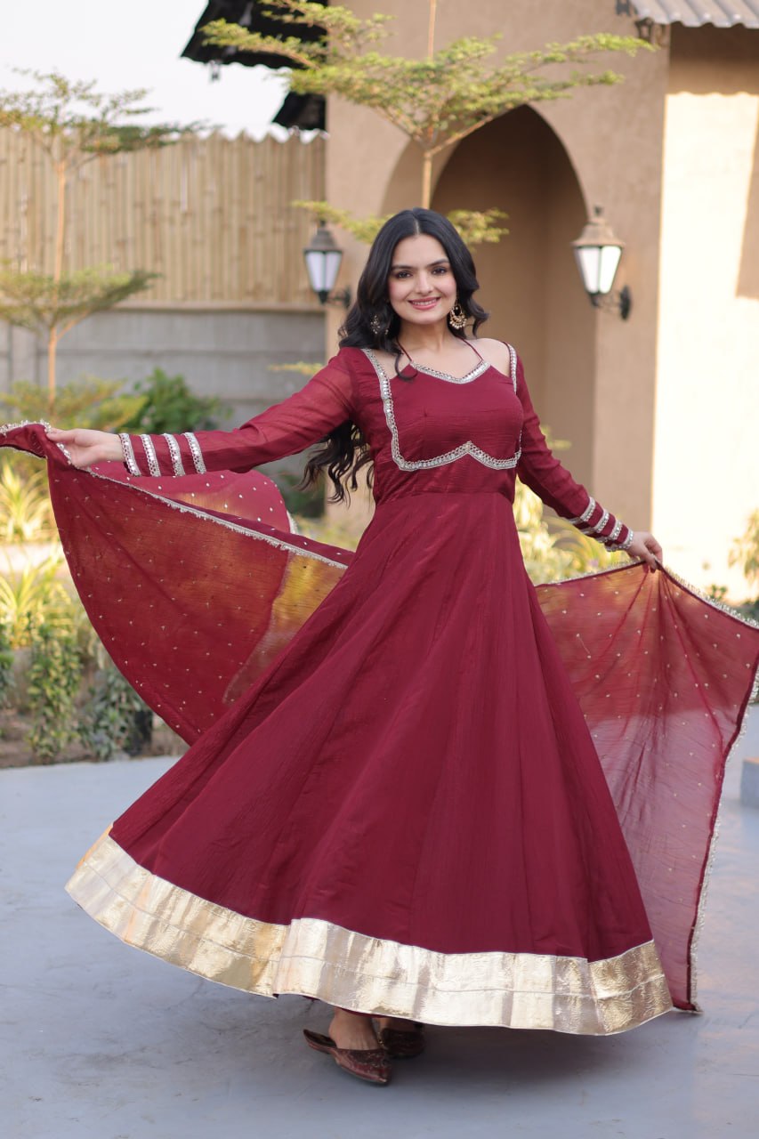 Wine Maroon Silver Crunchy Gown with Designer Dupatta