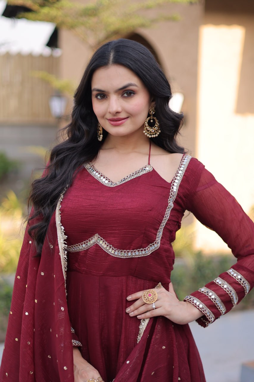 Wine Maroon Silver Crunchy Gown with Designer Dupatta