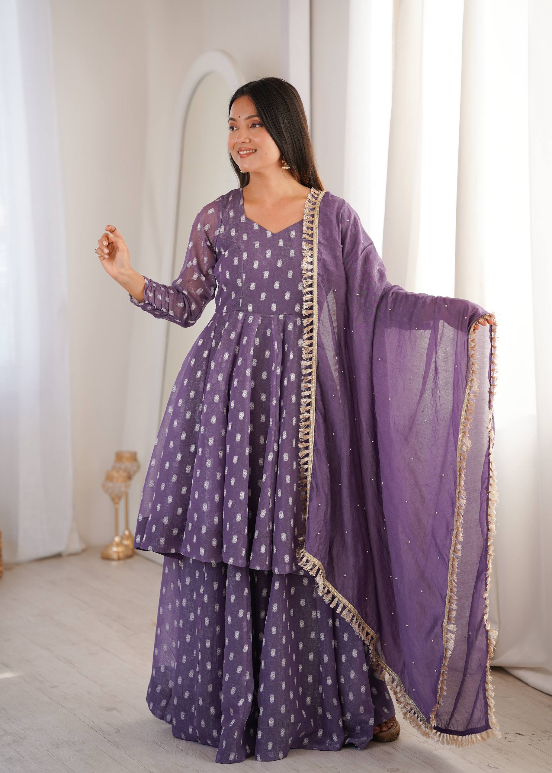 Purple Jacquard Butti Sharara Palazzo Suit Set with Lace Border Dupatta