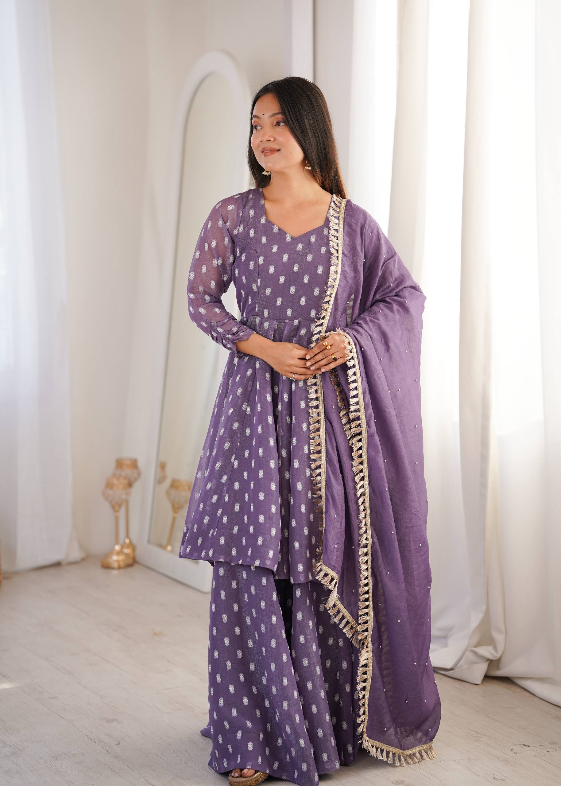 Purple Jacquard Butti Sharara Palazzo Suit Set with Lace Border Dupatta