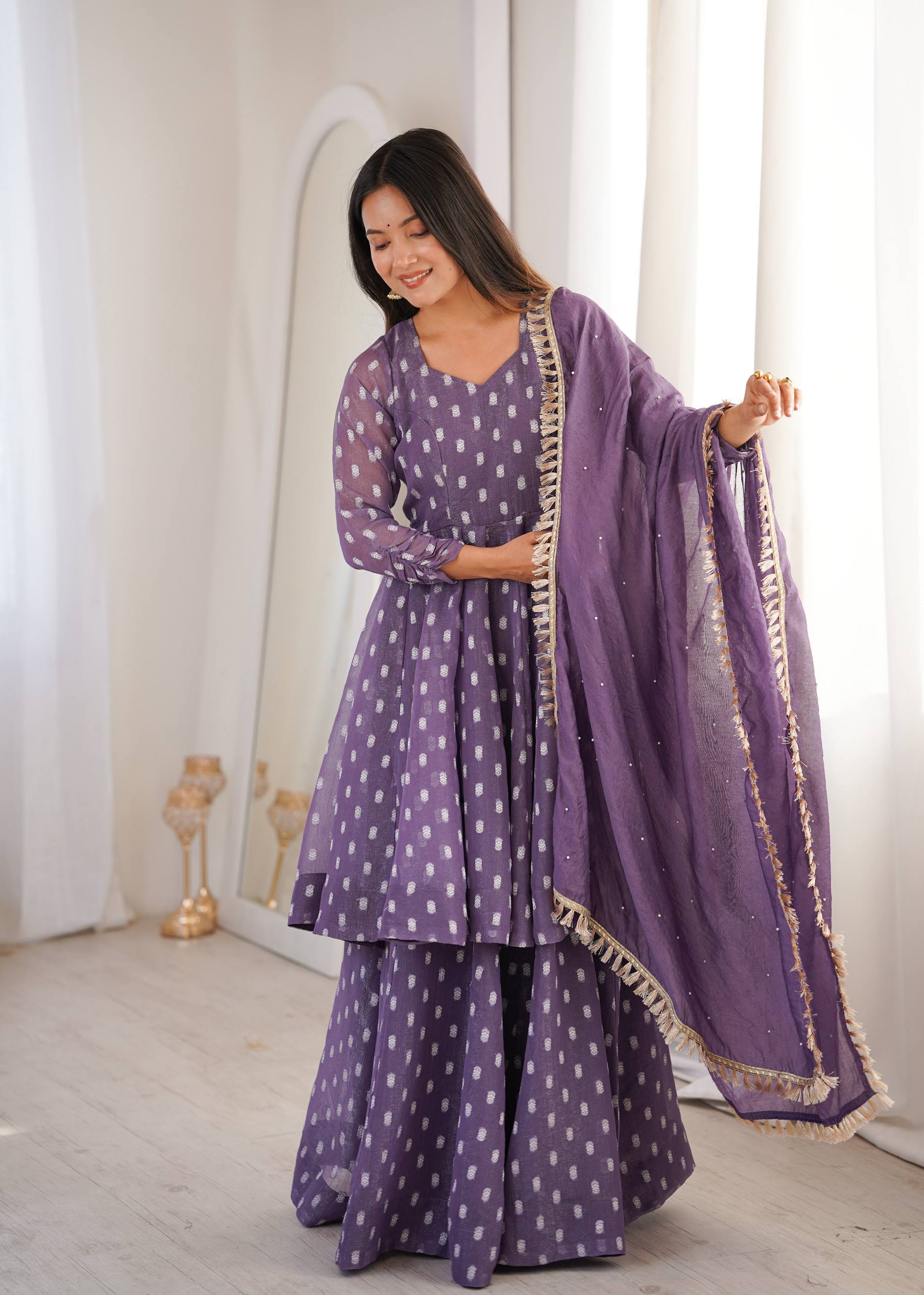 Purple Jacquard Butti Sharara Palazzo Suit Set with Lace Border Dupatta