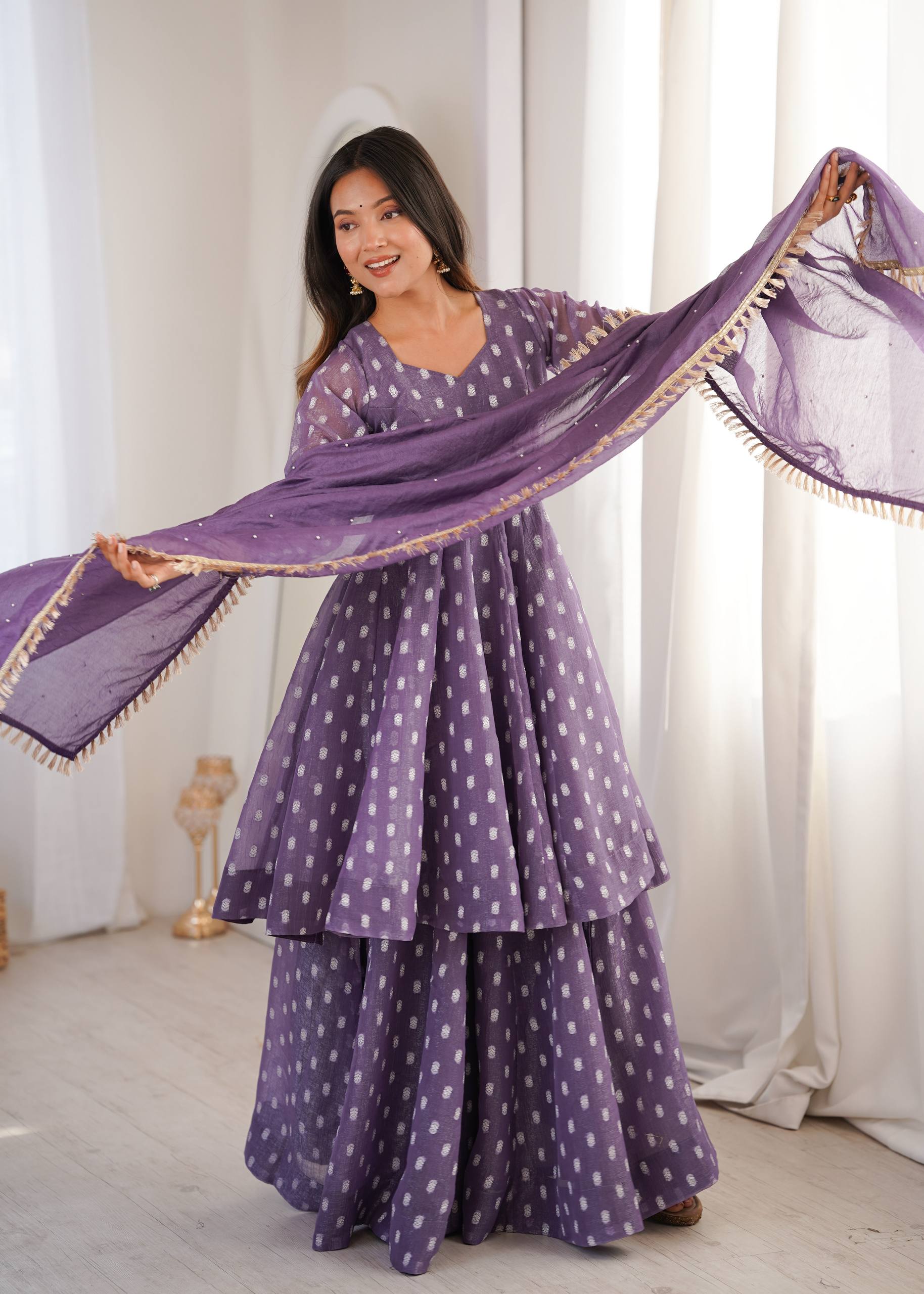 Purple Jacquard Butti Sharara Palazzo Suit Set with Lace Border Dupatta