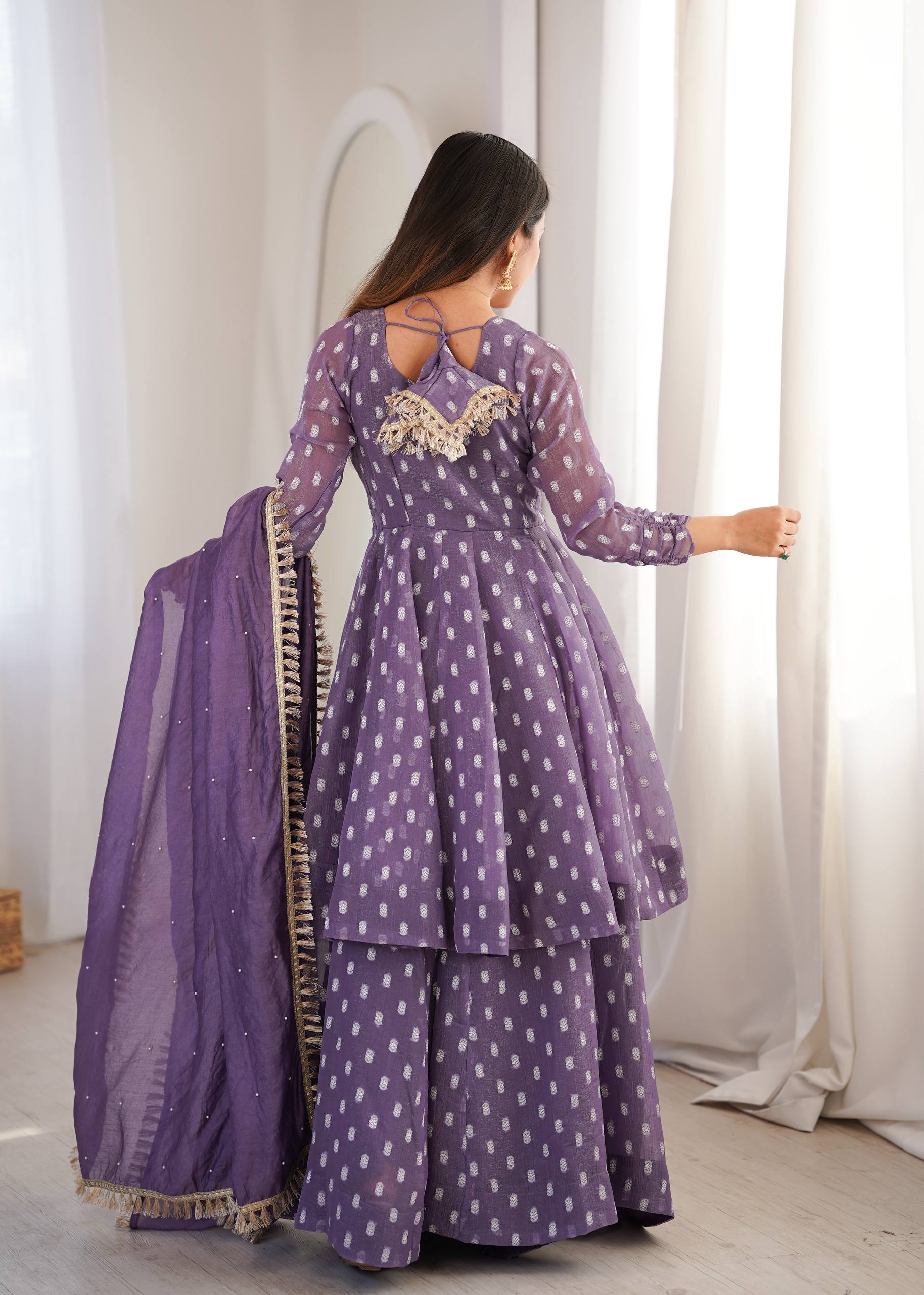 Purple Jacquard Butti Sharara Palazzo Suit Set with Lace Border Dupatta