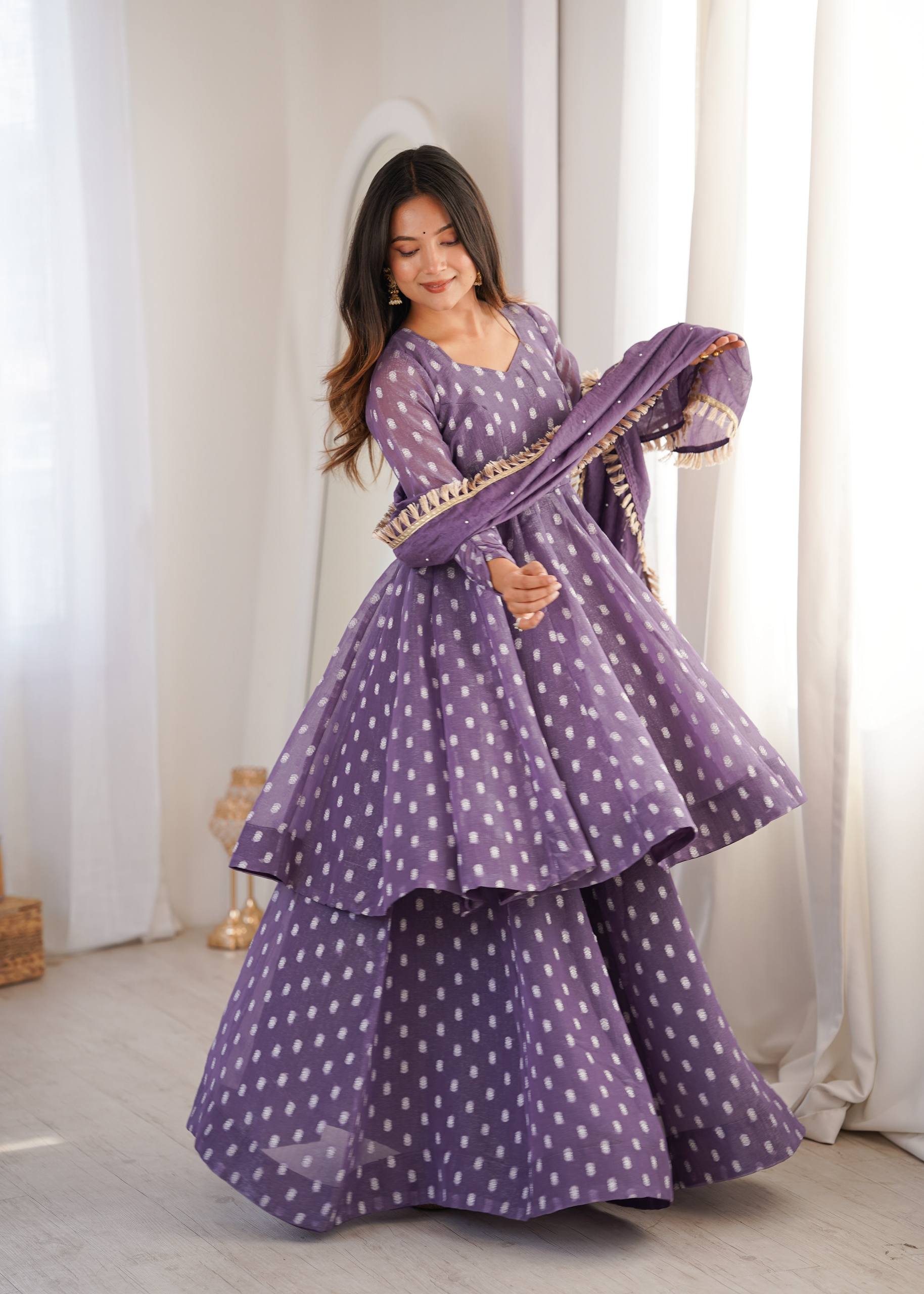 Purple Jacquard Butti Sharara Palazzo Suit Set with Lace Border Dupatta