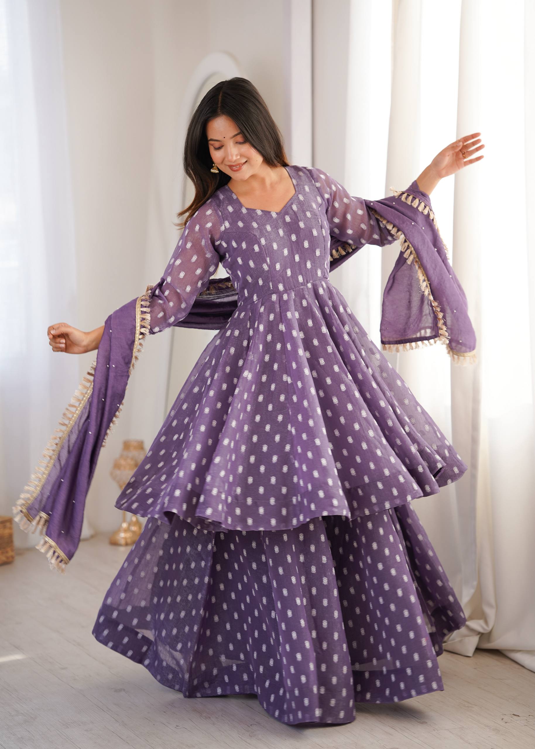 Purple Jacquard Butti Sharara Palazzo Suit Set with Lace Border Dupatta