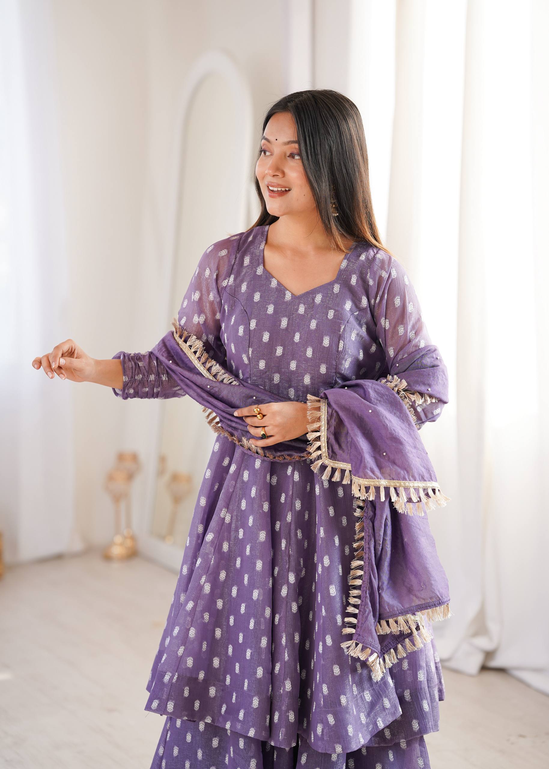 Purple Jacquard Butti Sharara Palazzo Suit Set with Lace Border Dupatta