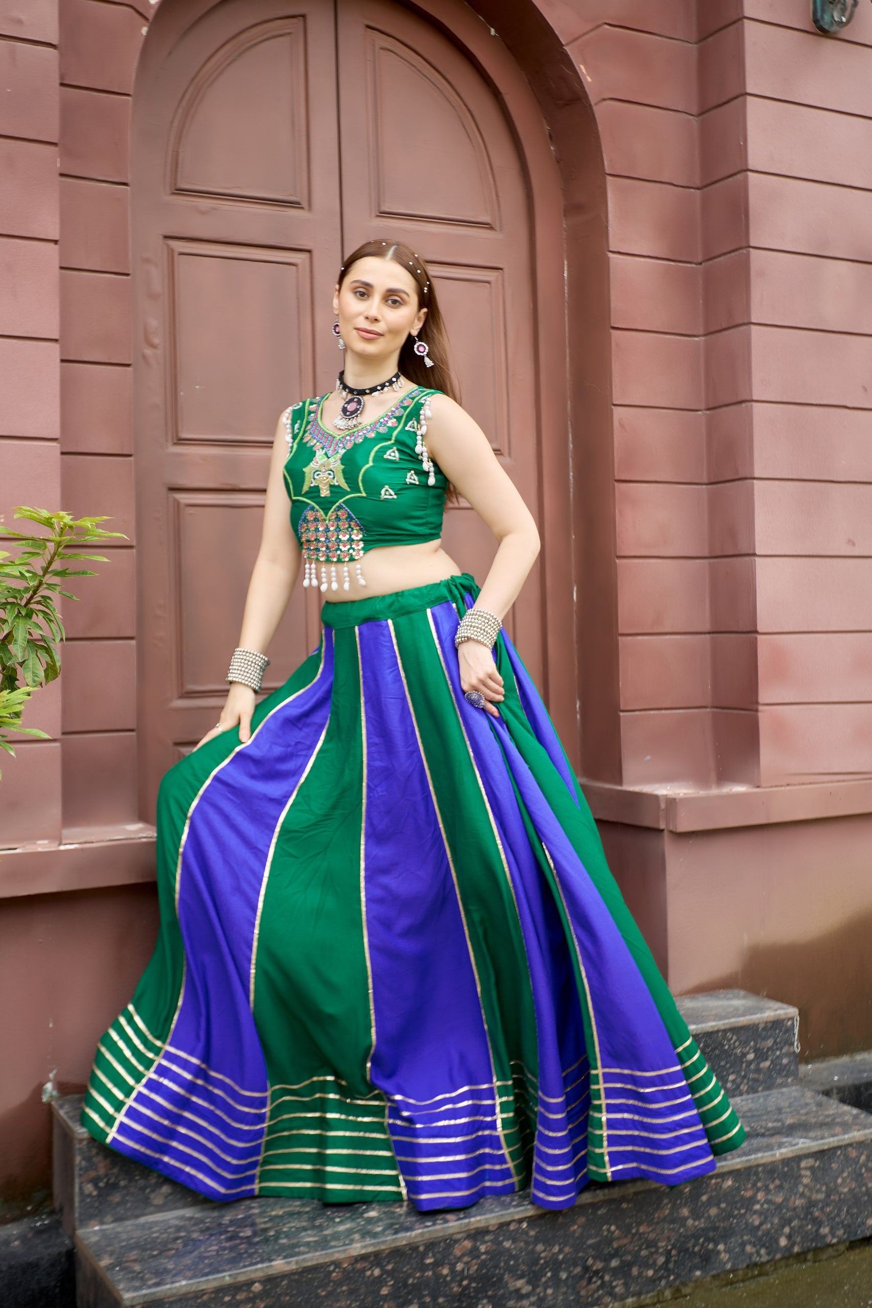 Emerald Green & Royal Blue Pure Cotton Navratri Lehenga Choli Set with Sequence Embroidery