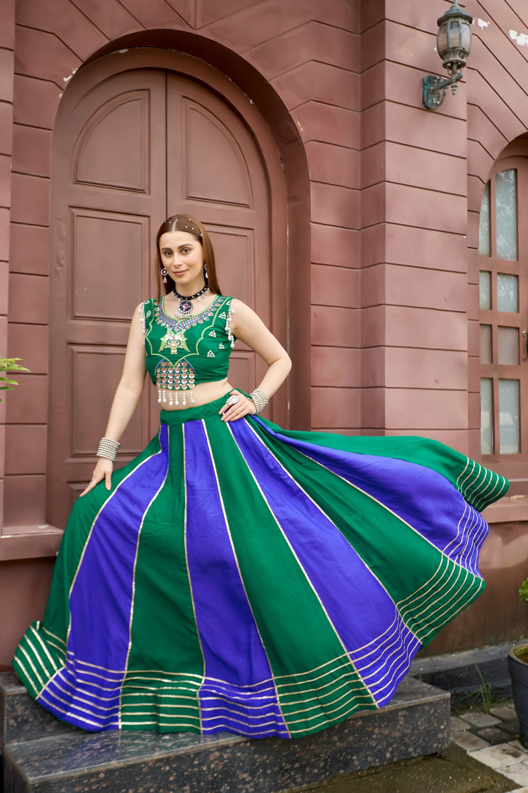 Emerald Green & Royal Blue Pure Cotton Navratri Lehenga Choli Set with Sequence Embroidery