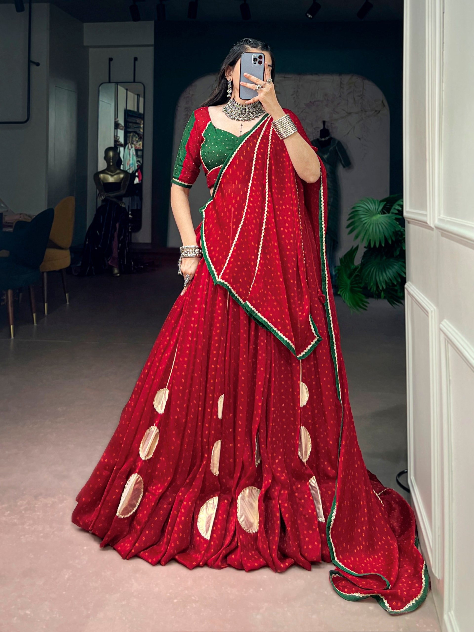 Ruby Red Bandhej Print Navratri Lehenga Choli with Emerald Green Dola Silk Blouse | 7.5 Meter Flair