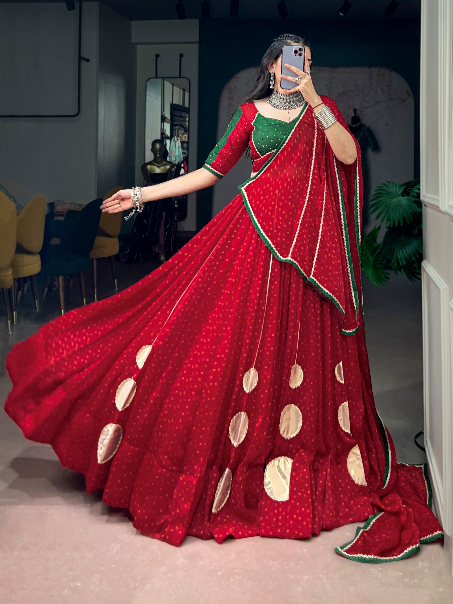 Ruby Red Bandhej Print Navratri Lehenga Choli with Emerald Green Dola Silk Blouse | 7.5 Meter Flair