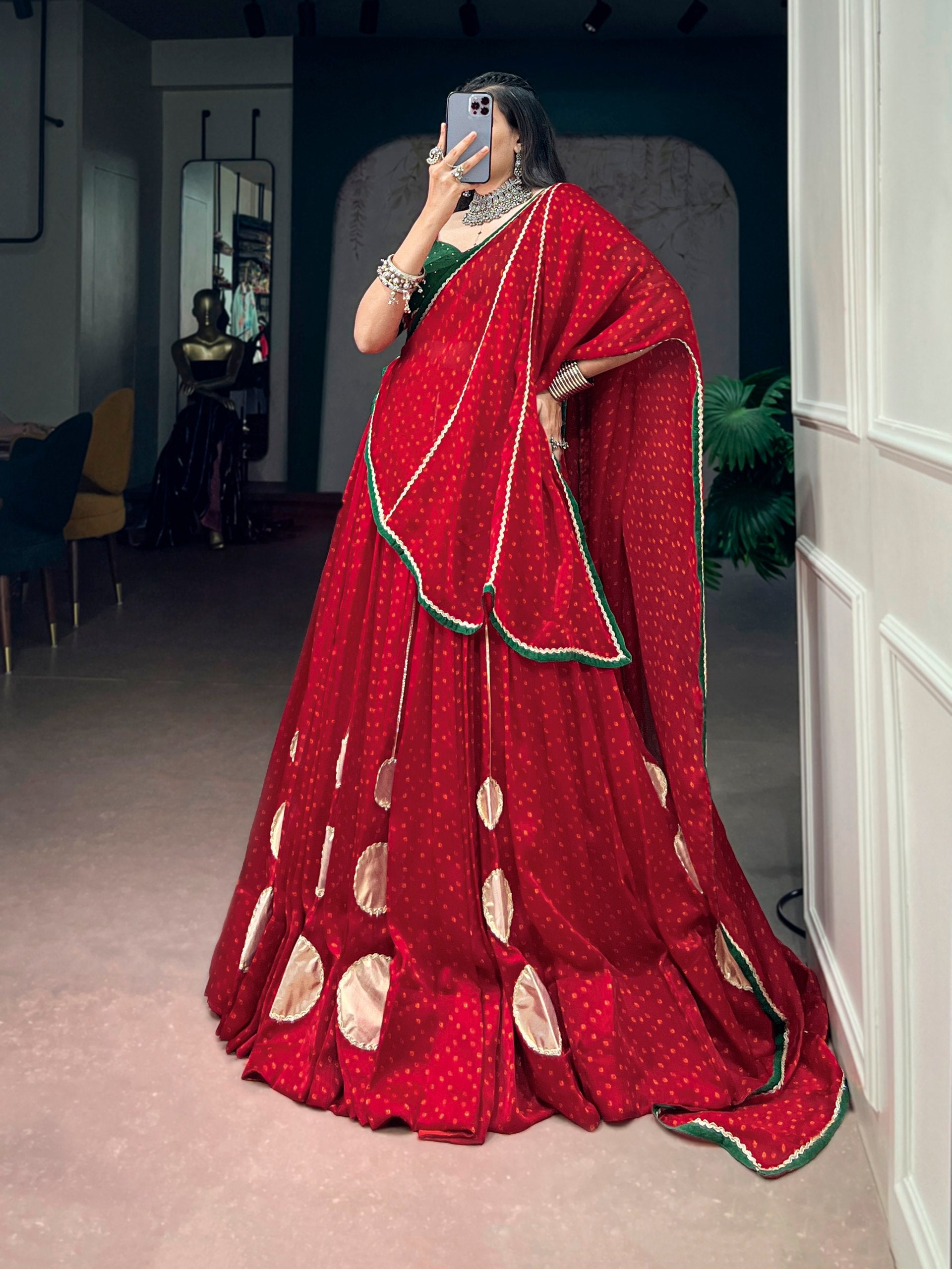 Ruby Red Bandhej Print Navratri Lehenga Choli with Emerald Green Dola Silk Blouse | 7.5 Meter Flair