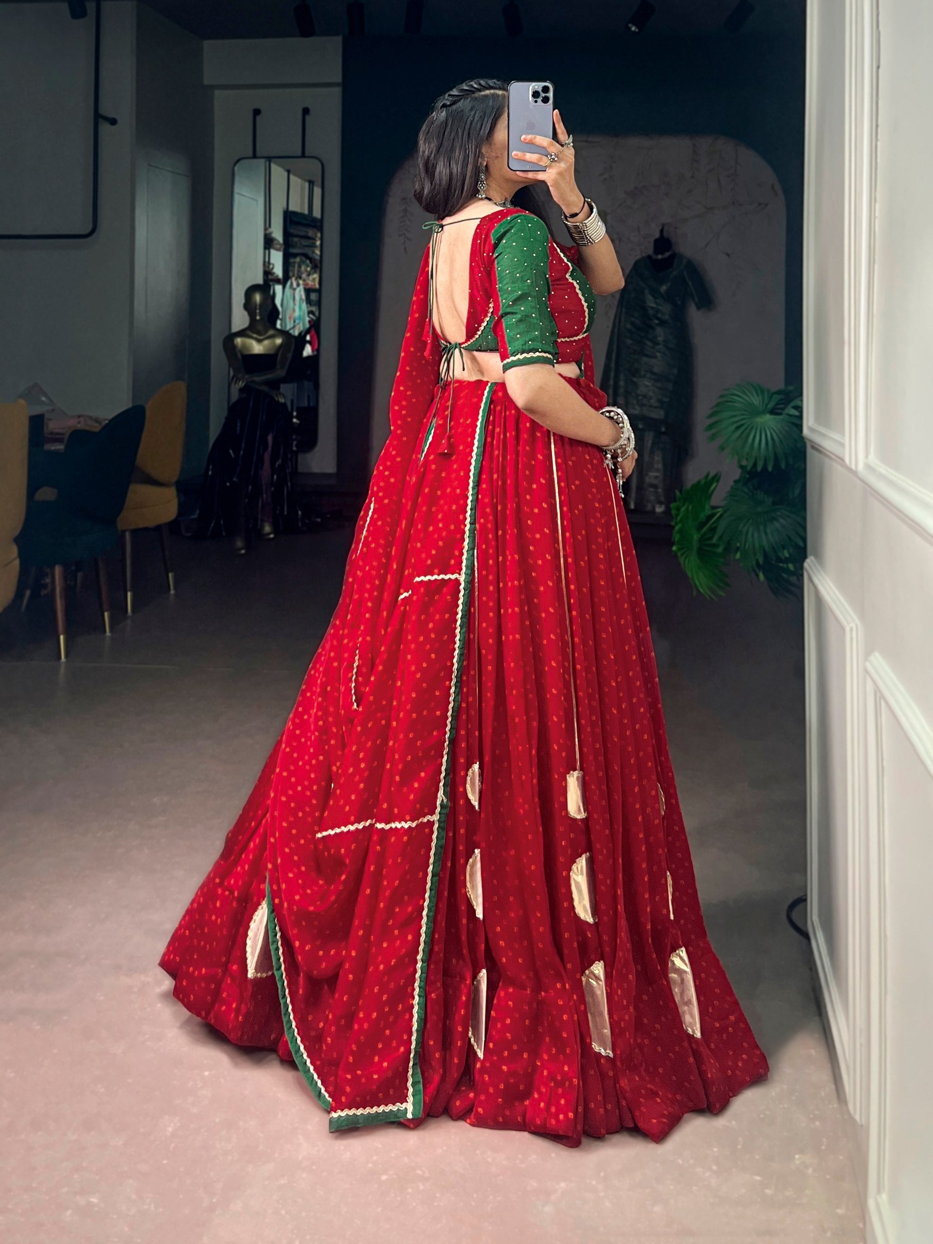 Ruby Red Bandhej Print Navratri Lehenga Choli with Emerald Green Dola Silk Blouse | 7.5 Meter Flair