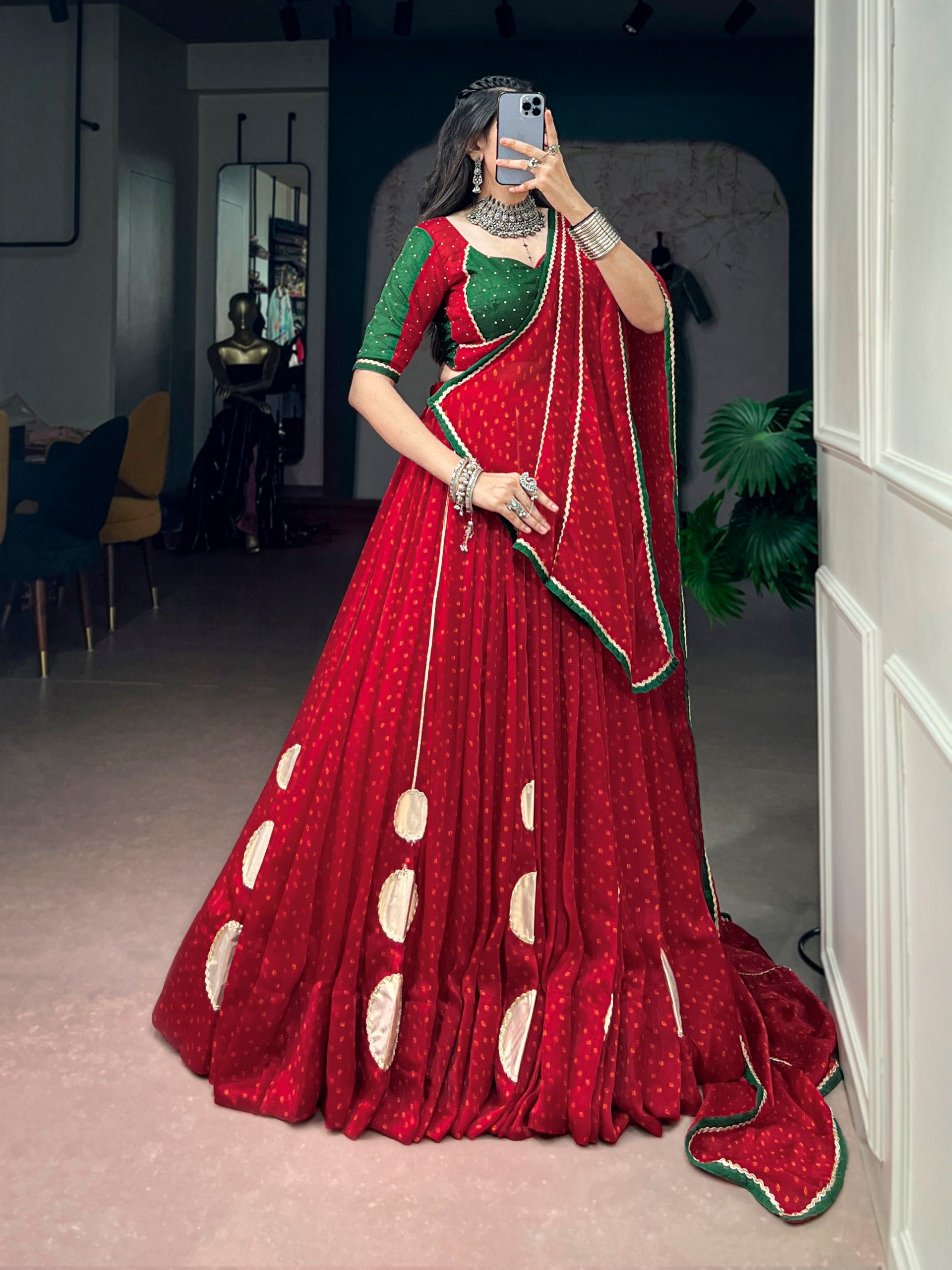 Ruby Red Bandhej Print Navratri Lehenga Choli with Emerald Green Dola Silk Blouse | 7.5 Meter Flair