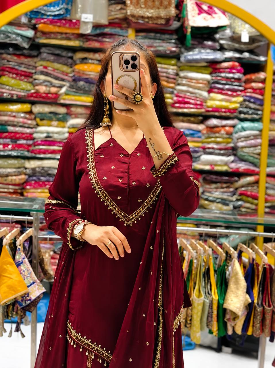 Wine Roman Glass Mirror Work Palazzo Suit with Chanderi Dupatta