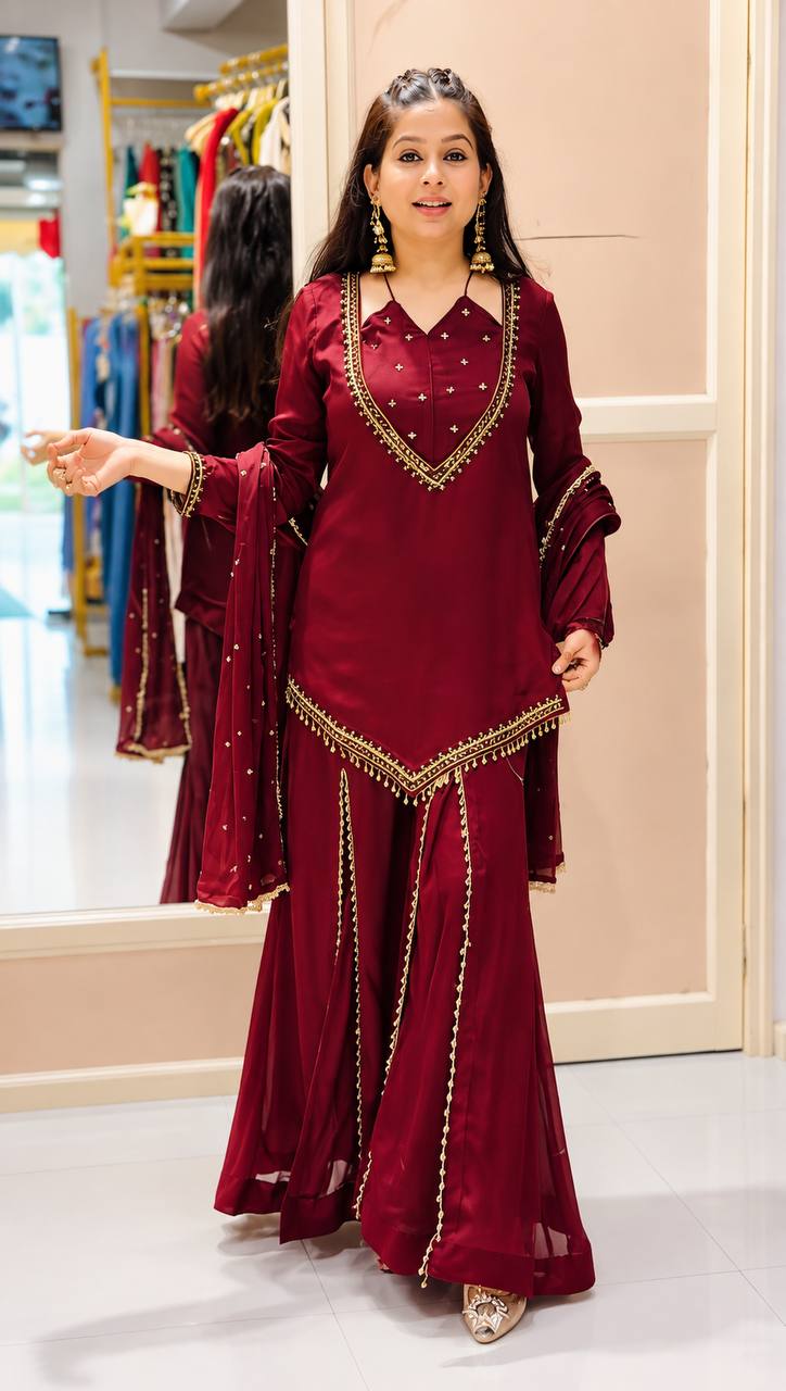 Wine Roman Glass Mirror Work Palazzo Suit with Chanderi Dupatta