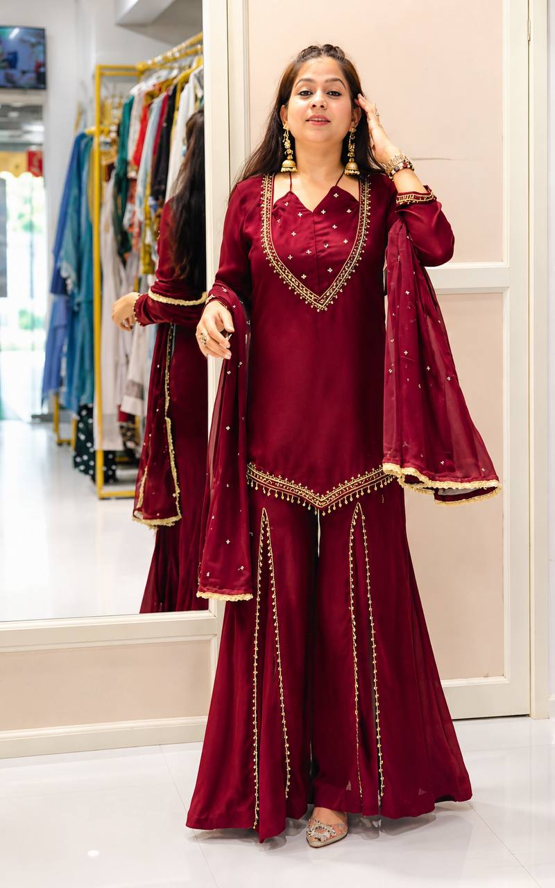 Wine Roman Glass Mirror Work Palazzo Suit with Chanderi Dupatta