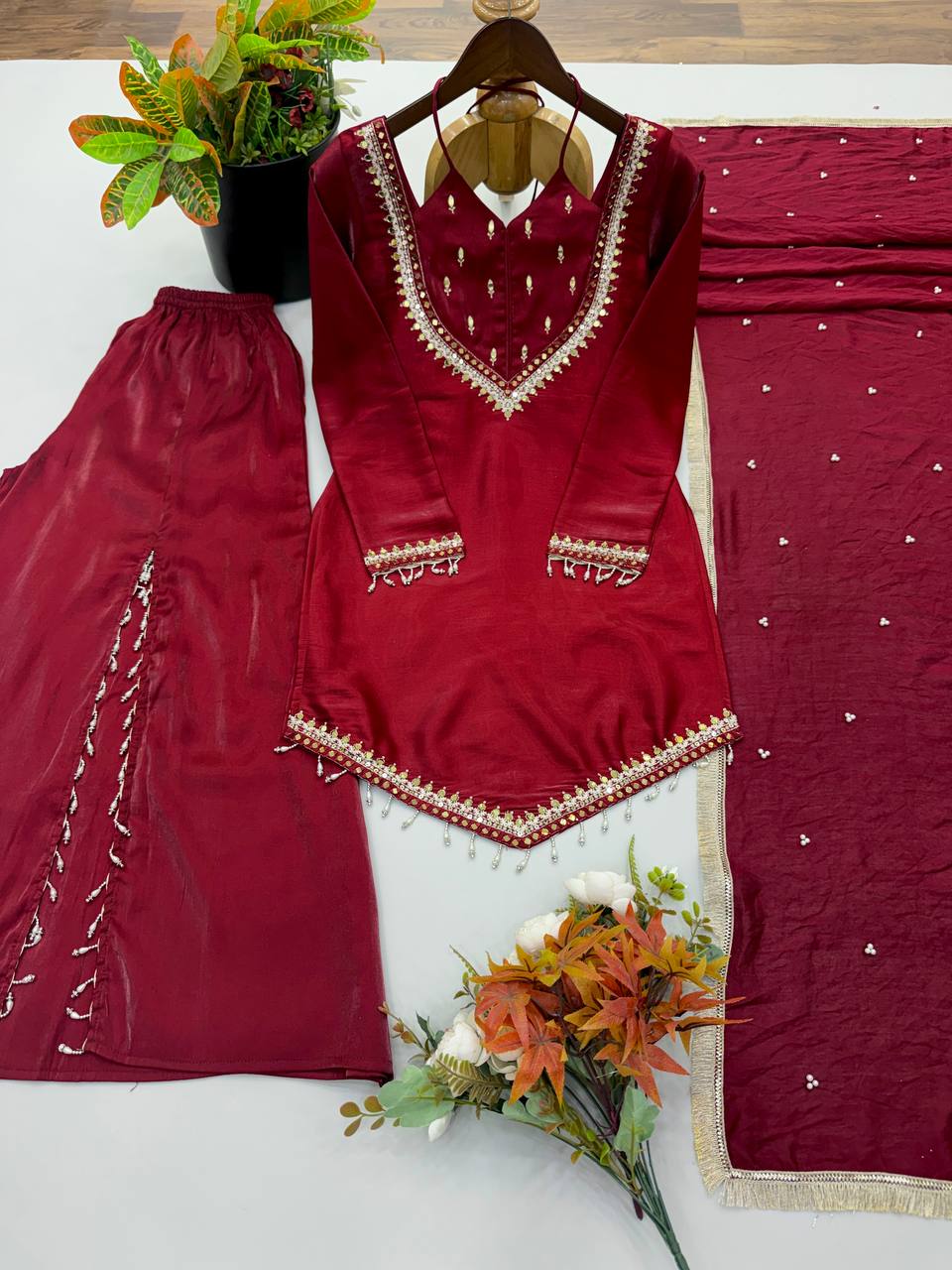 Wine Roman Glass Mirror Work Palazzo Suit with Chanderi Dupatta