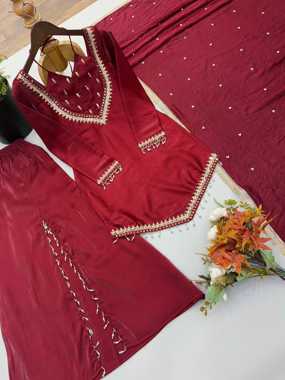 Wine Maroon Roman Glass Mirror Work Palazzo Suit with Chanderi Dupatta