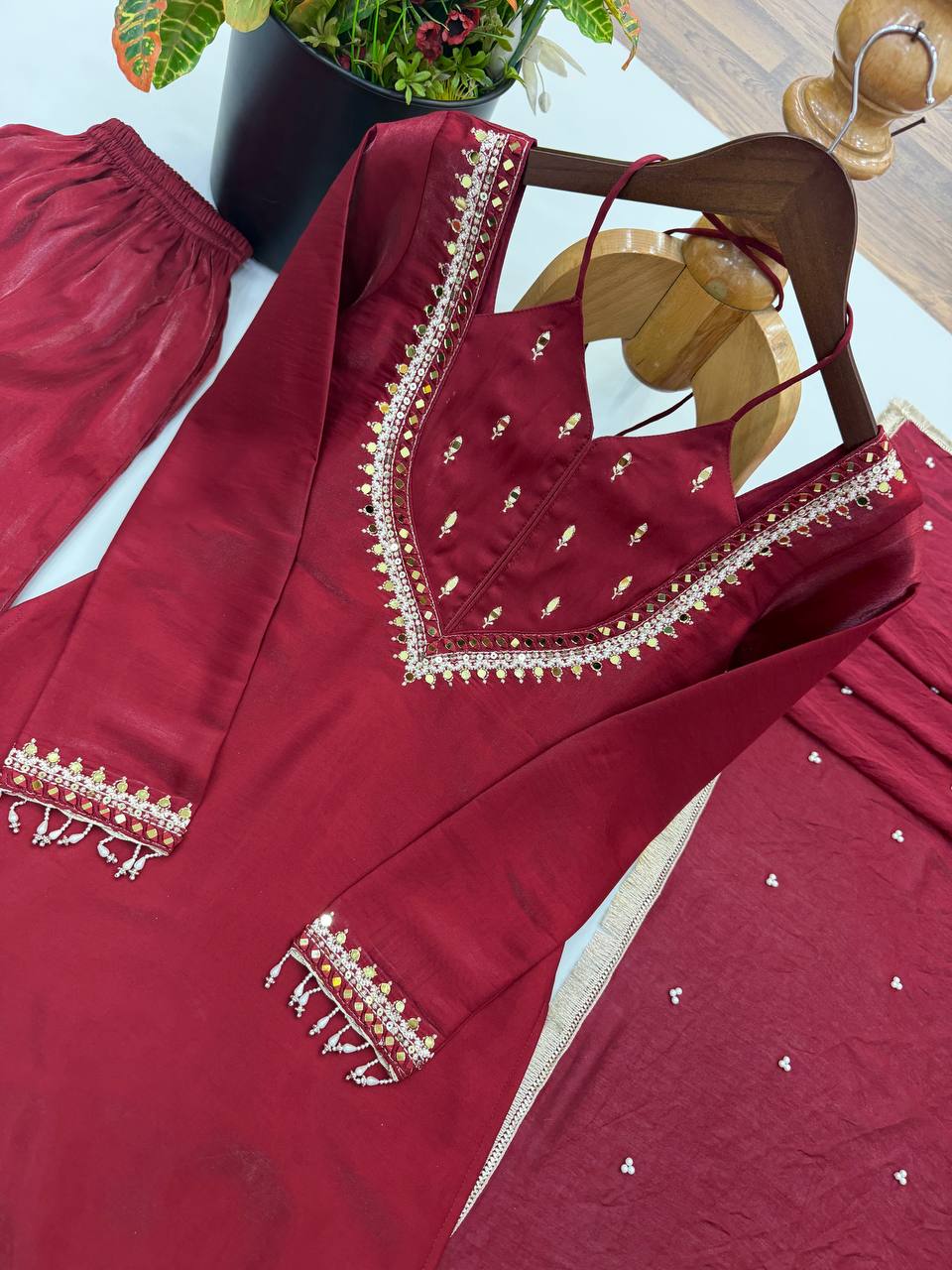 Wine Roman Glass Mirror Work Palazzo Suit with Chanderi Dupatta