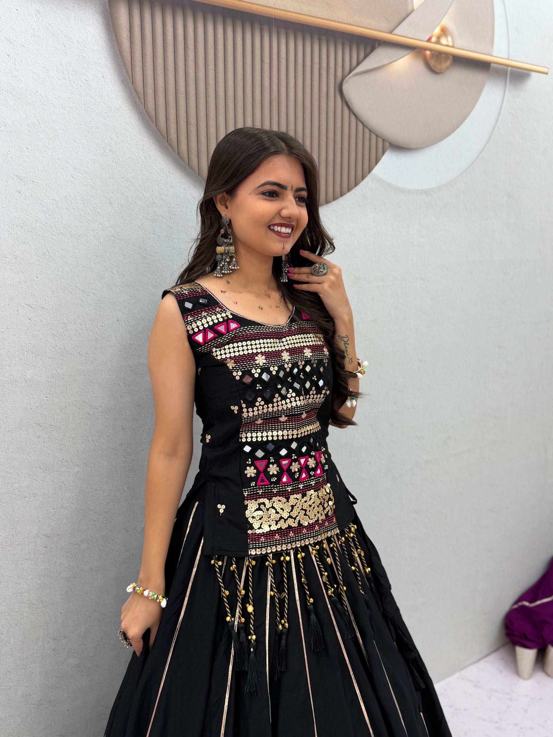 Black Navratri Mirror Work Pure Cotton Lehenga Choli for Women