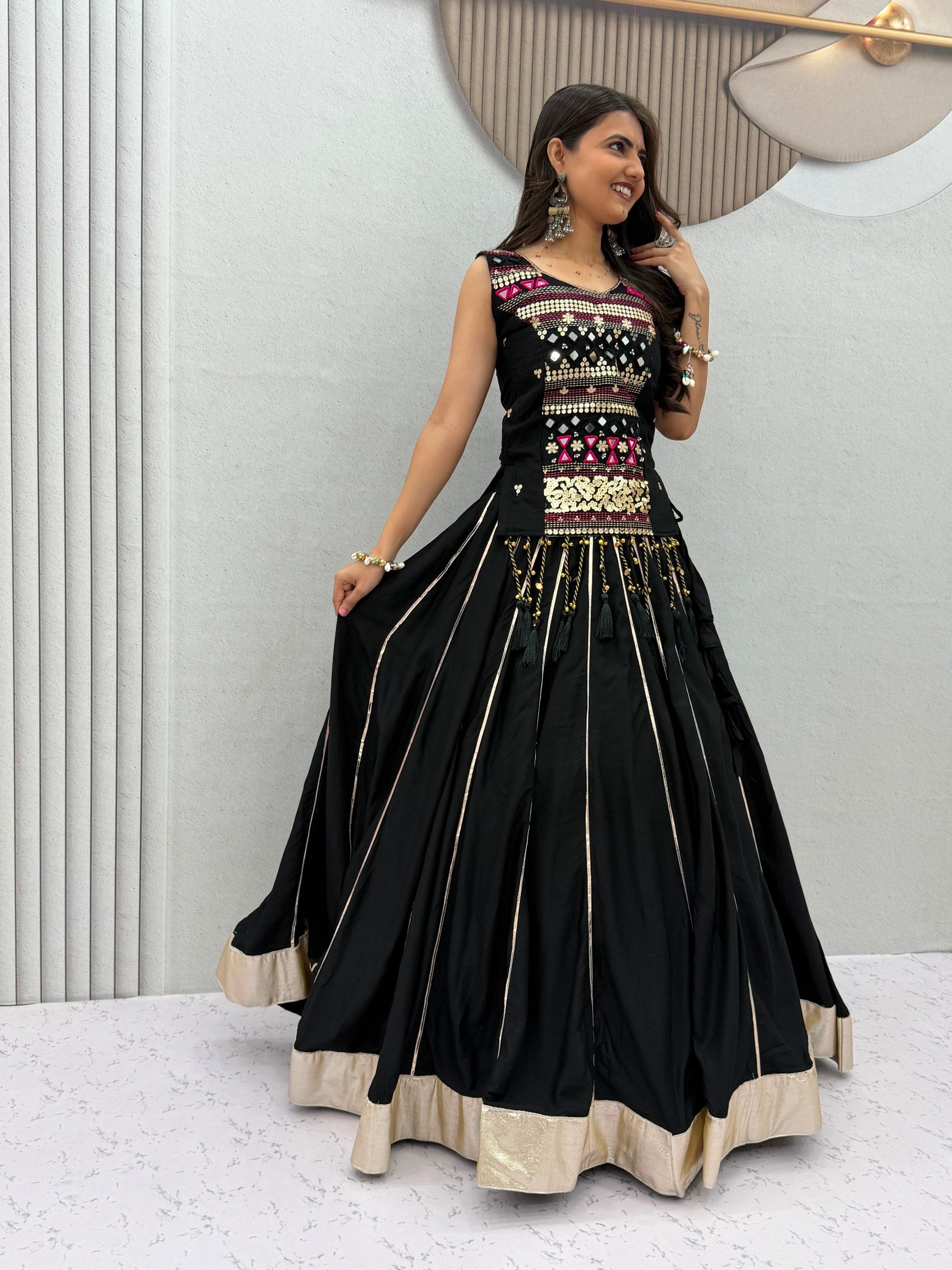 Black Navratri Mirror Work Pure Cotton Lehenga Choli for Women