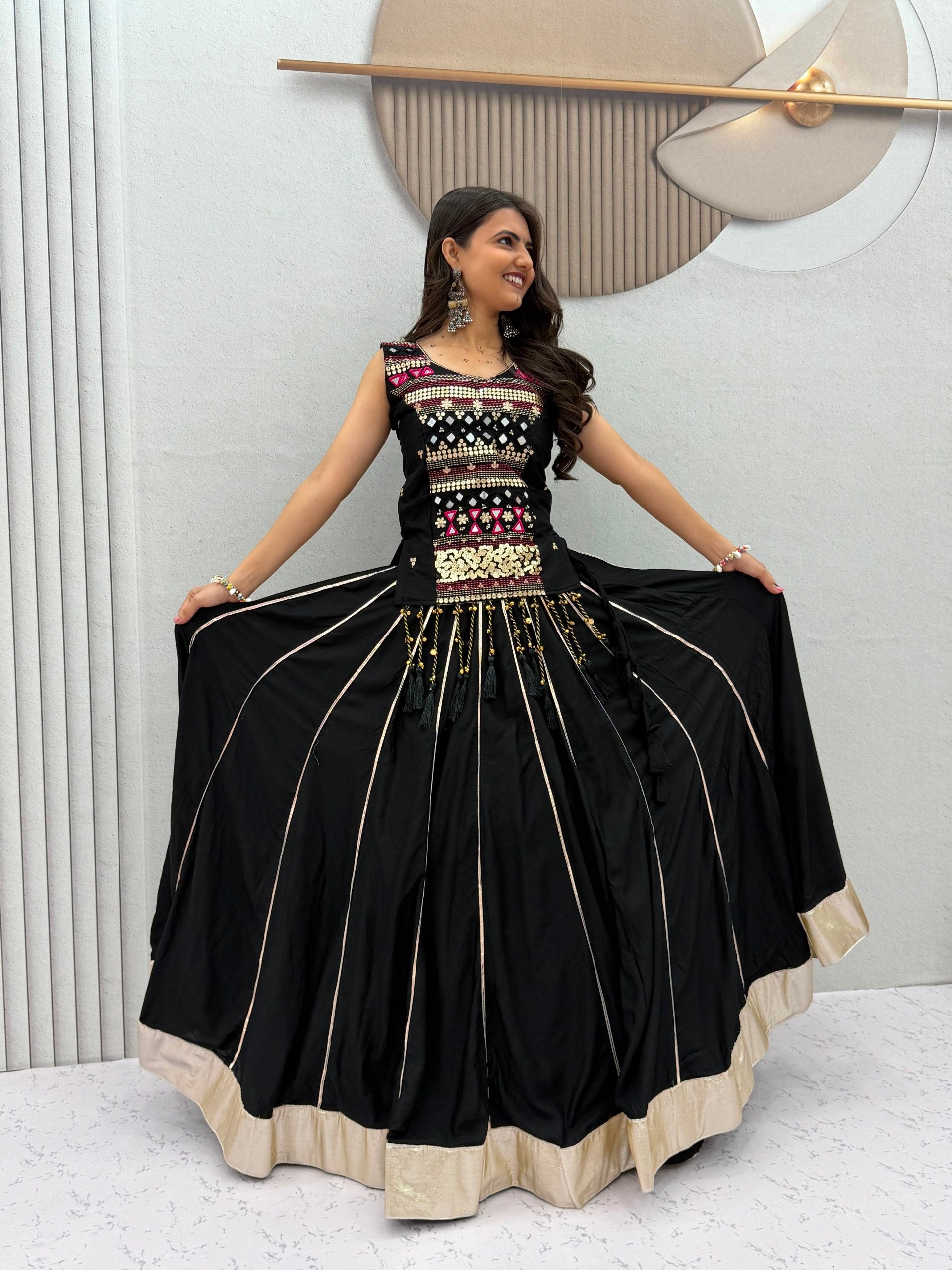 Black Navratri Mirror Work Pure Cotton Lehenga Choli for Women
