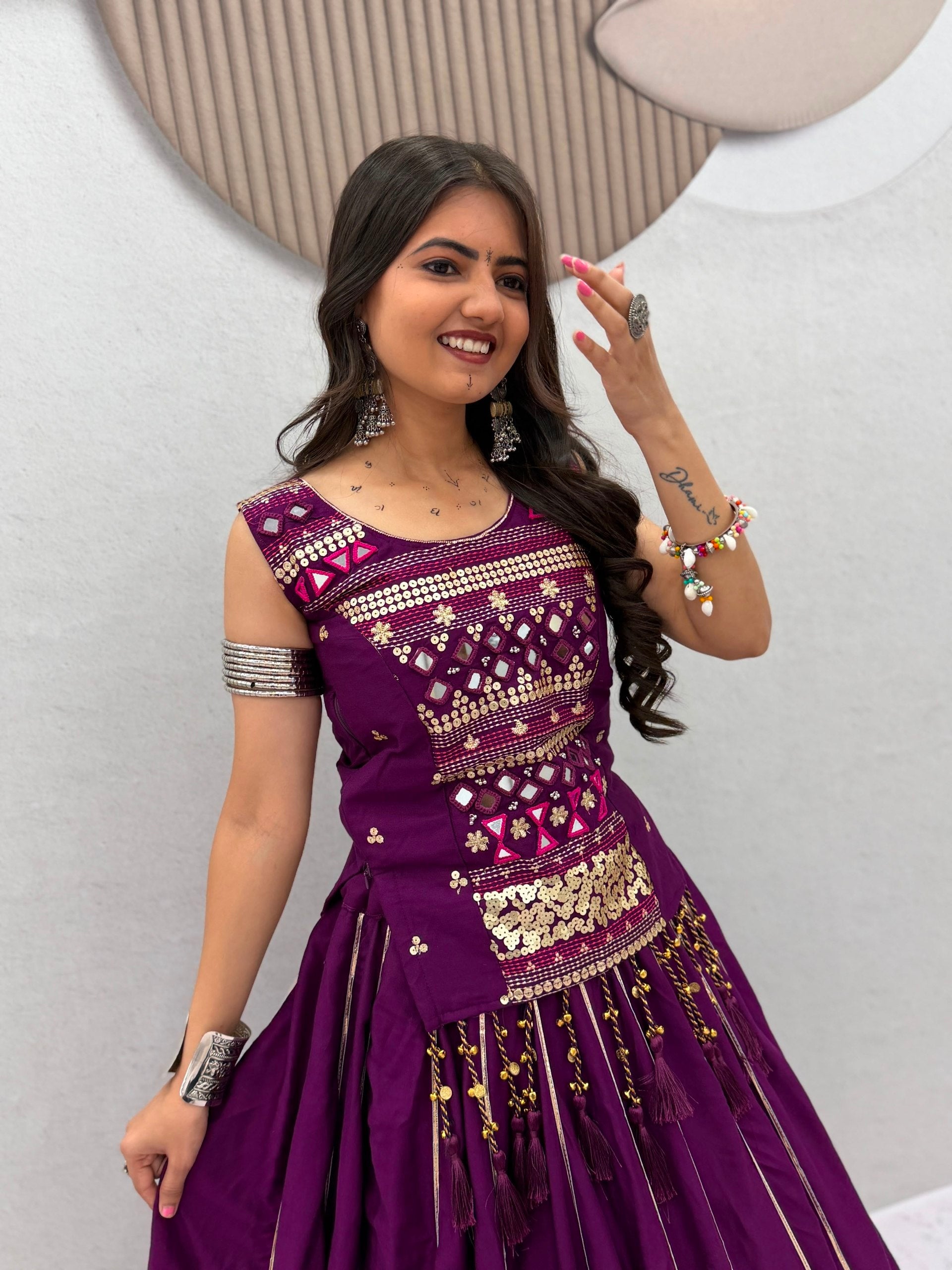 Royal Purple Navratri Mirror Work Pure Cotton Lehenga Choli for Women