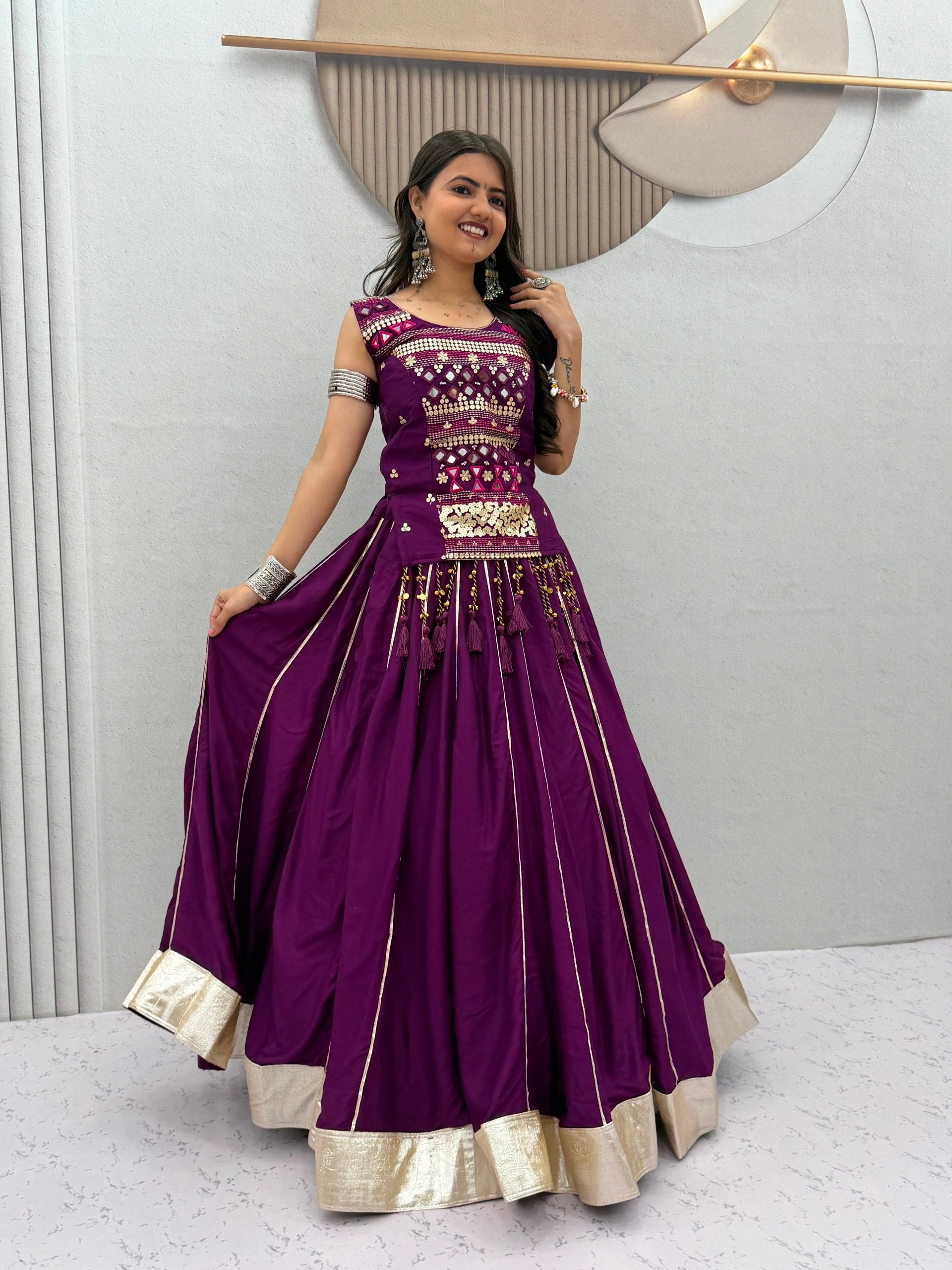 Royal Purple Navratri Mirror Work Pure Cotton Lehenga Choli for Women