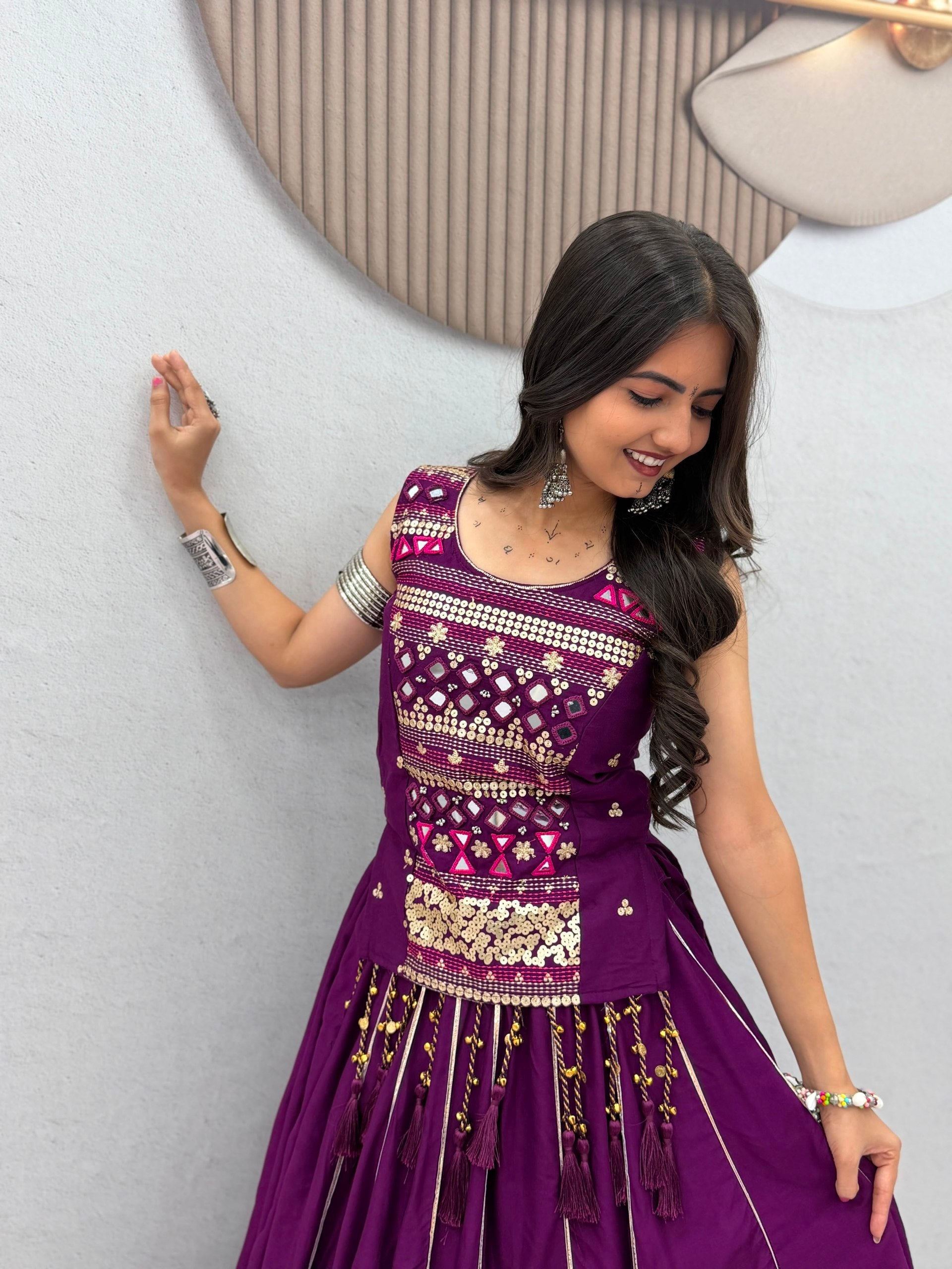Royal Purple Navratri Mirror Work Pure Cotton Lehenga Choli for Women