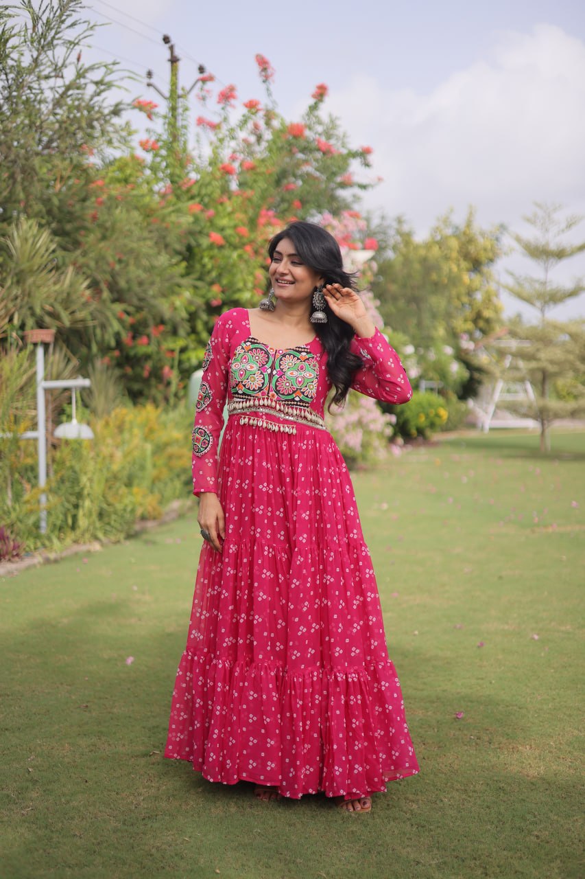 Hot Pink Bandhani Faux Georgette Navratri Gown with Kutchi Patchwork | 12 Meter Flair