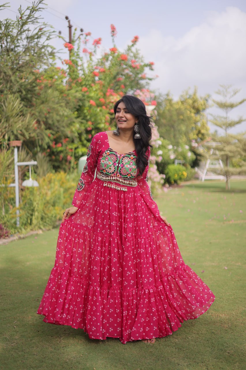 Hot Pink Bandhani Faux Georgette Navratri Gown with Kutchi Patchwork | 12 Meter Flair