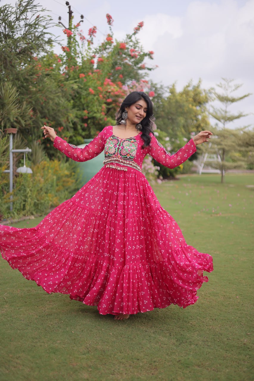 Hot Pink Bandhani Faux Georgette Navratri Gown with Kutchi Patchwork | 12 Meter Flair